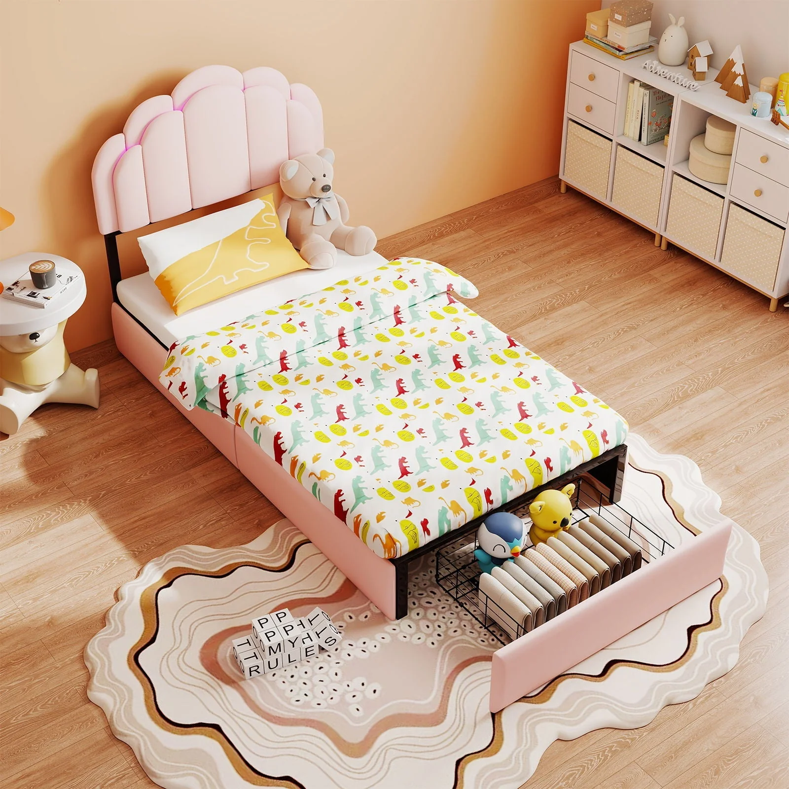 Twin Petal Platform Bed With RGB LED Lights & Storage Drawers, - Pink - Image 4