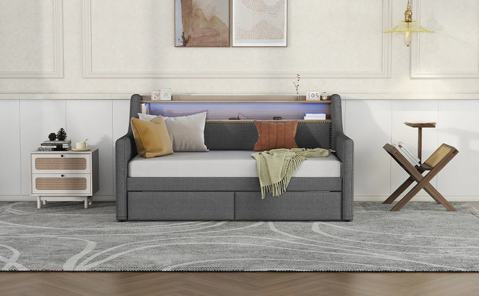 Twin Size Linen Upholstered Daybed with Storage Drawers and LED Lights - Image 11