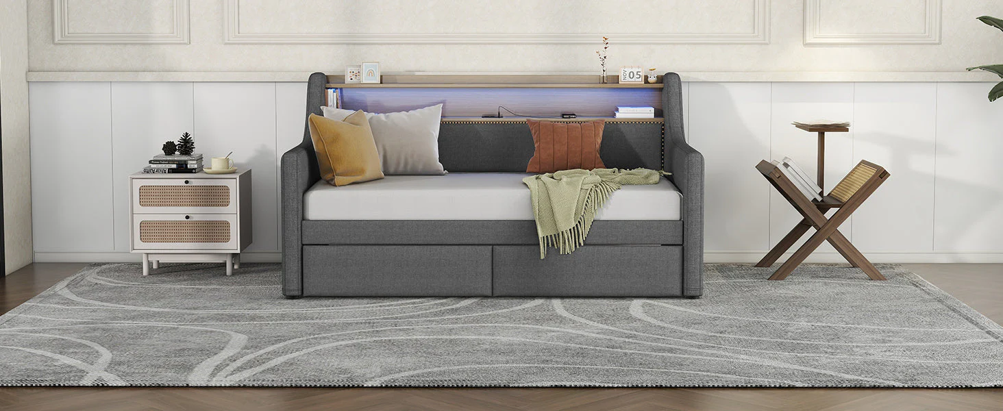 Twin Size Linen Upholstered Daybed with Storage Drawers and LED Lights - Image 12