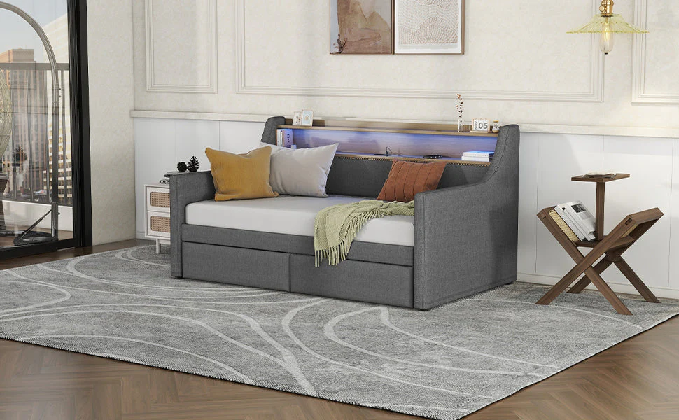 Twin Size Linen Upholstered Daybed with Storage Drawers and LED Lights - Image 13