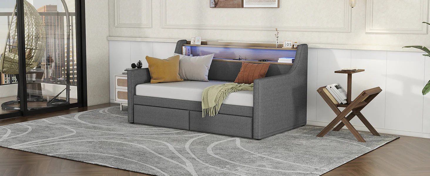Twin Size Linen Upholstered Daybed with Storage Drawers and LED Lights - Image 14