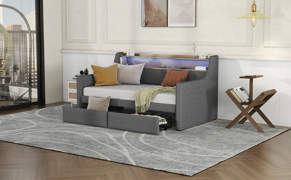 Twin Size Linen Upholstered Daybed with Storage Drawers and LED Lights - Image 15