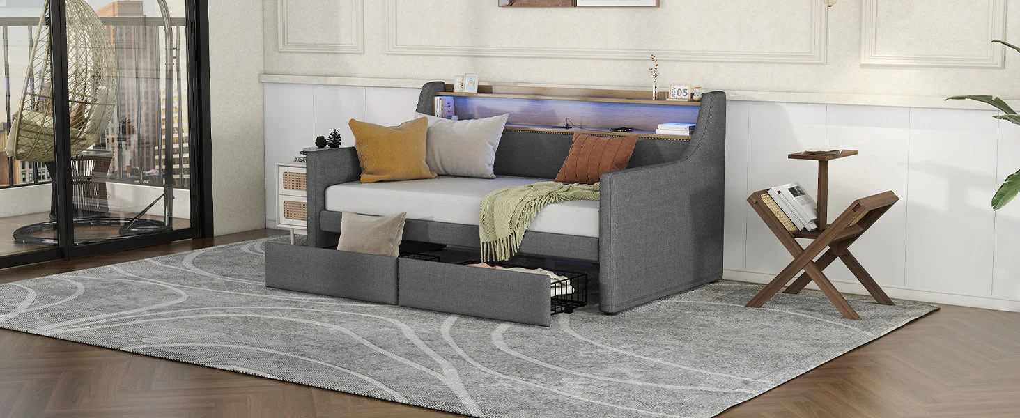 Twin Size Linen Upholstered Daybed with Storage Drawers and LED Lights - Image 16