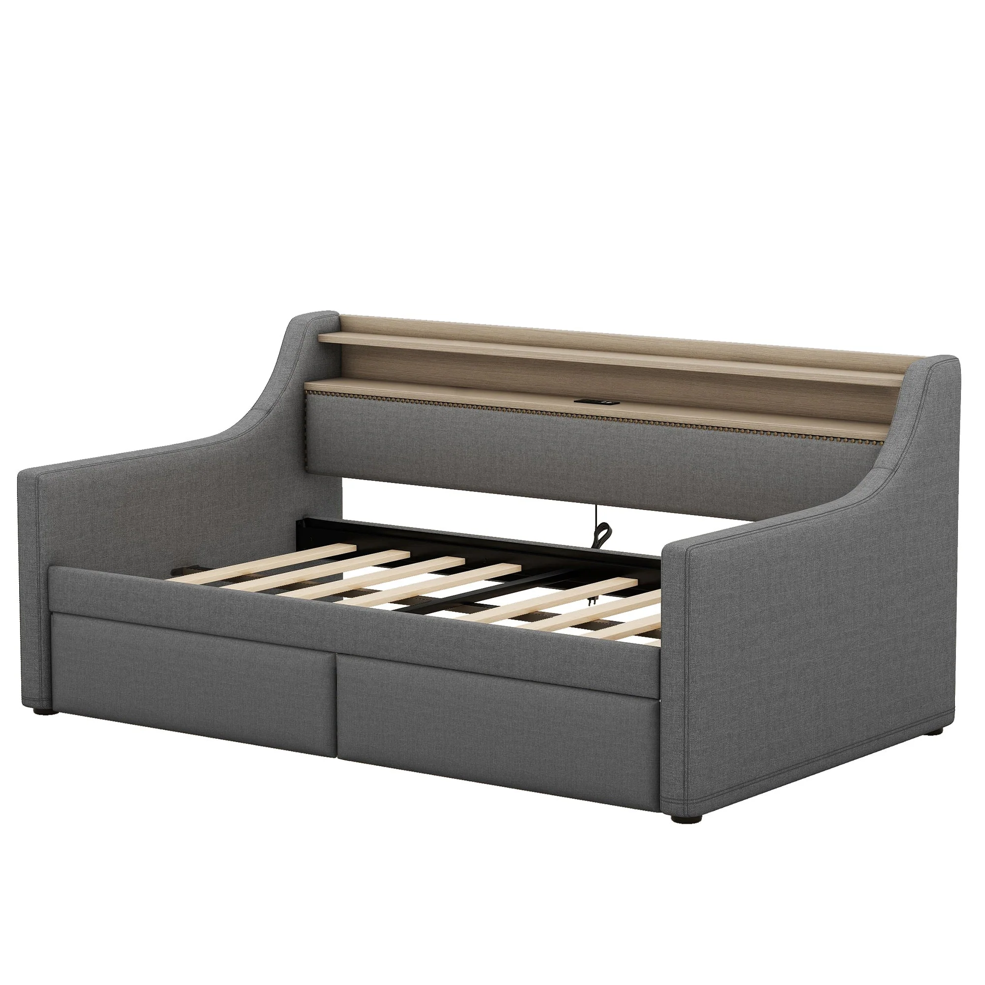 Twin Size Linen Upholstered Daybed with Storage Drawers and LED Lights - Image 19