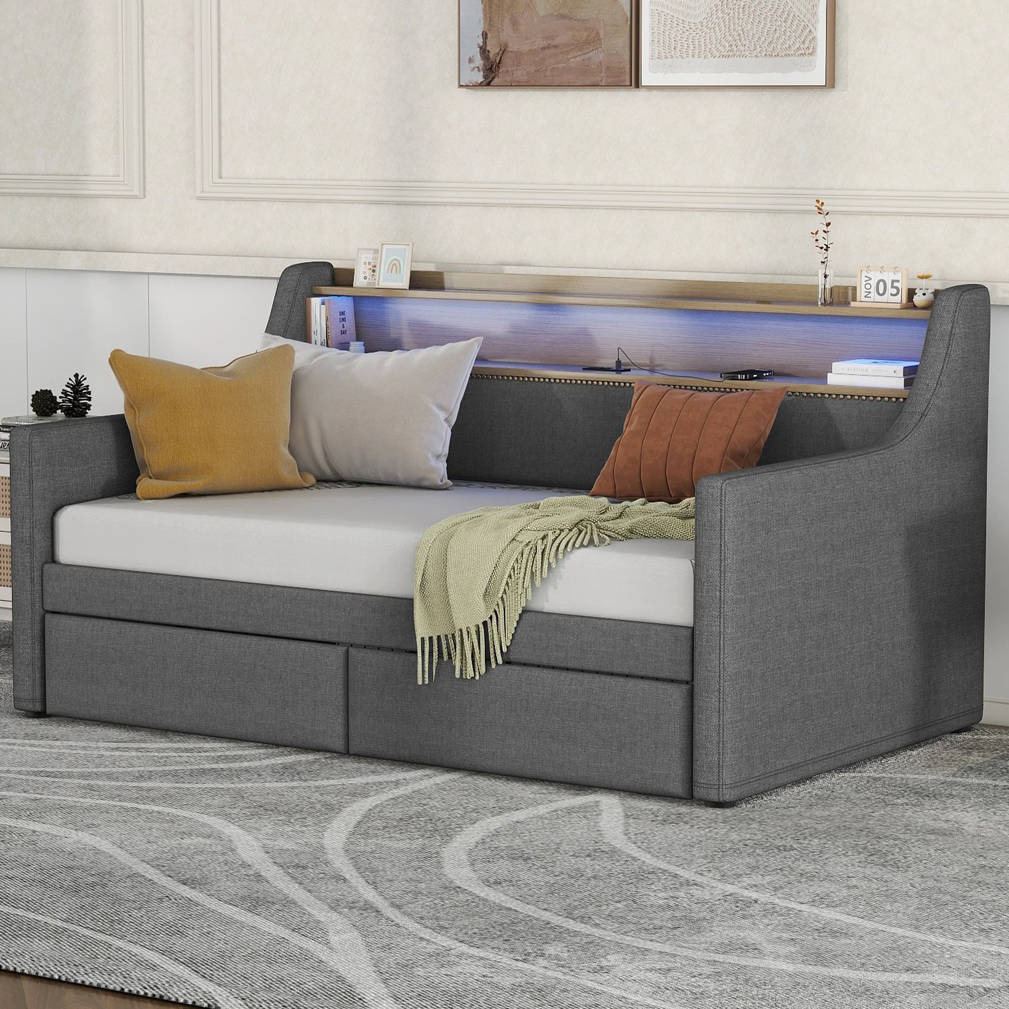 Twin Size Linen Upholstered Daybed with Storage Drawers and LED Lights - Image 2