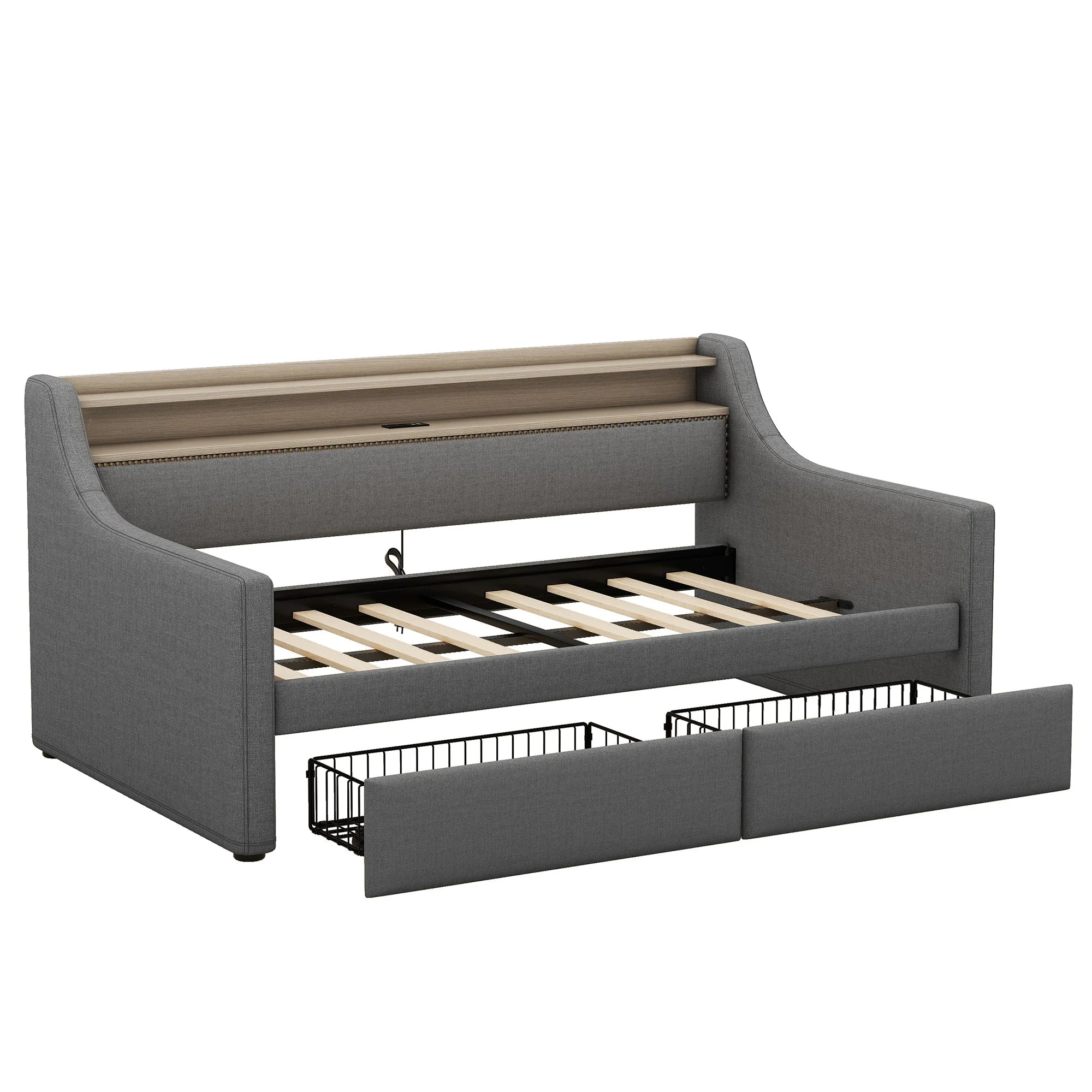 Twin Size Linen Upholstered Daybed with Storage Drawers and LED Lights - Image 20
