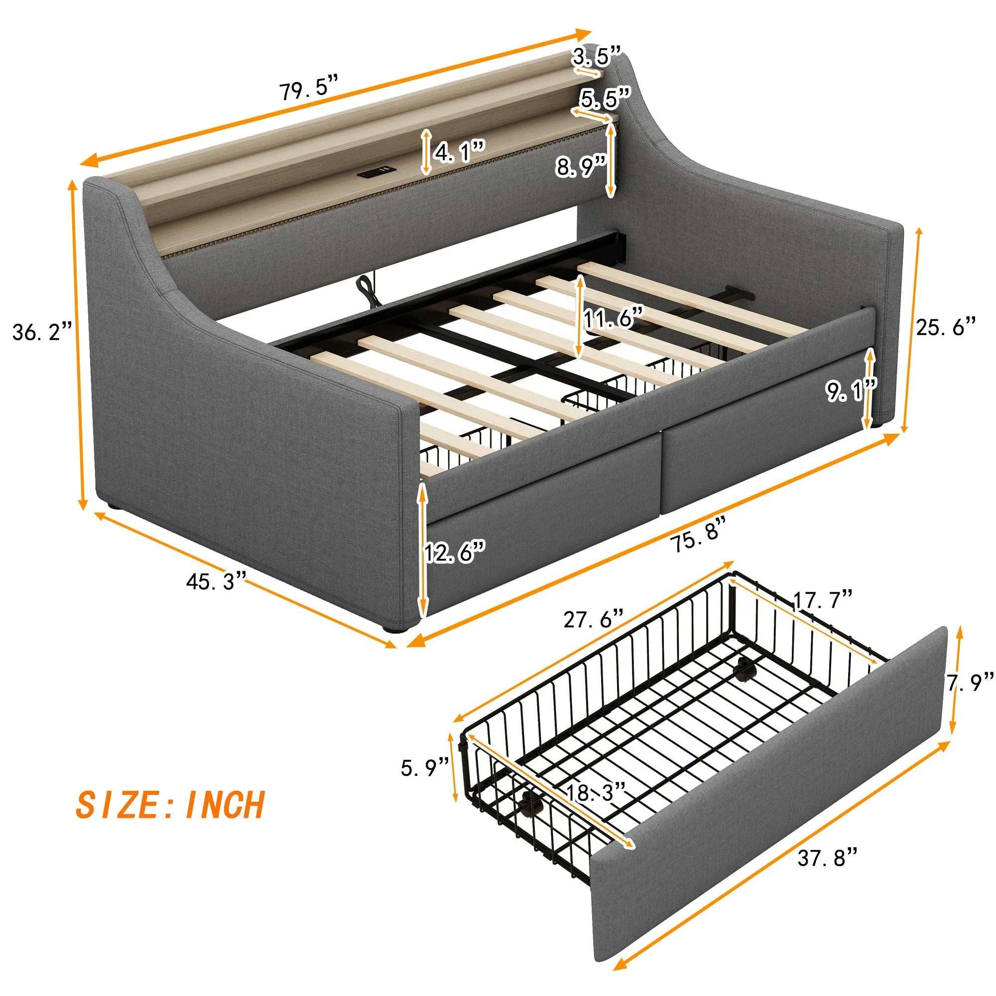 Twin Size Linen Upholstered Daybed with Storage Drawers and LED Lights - Image 24