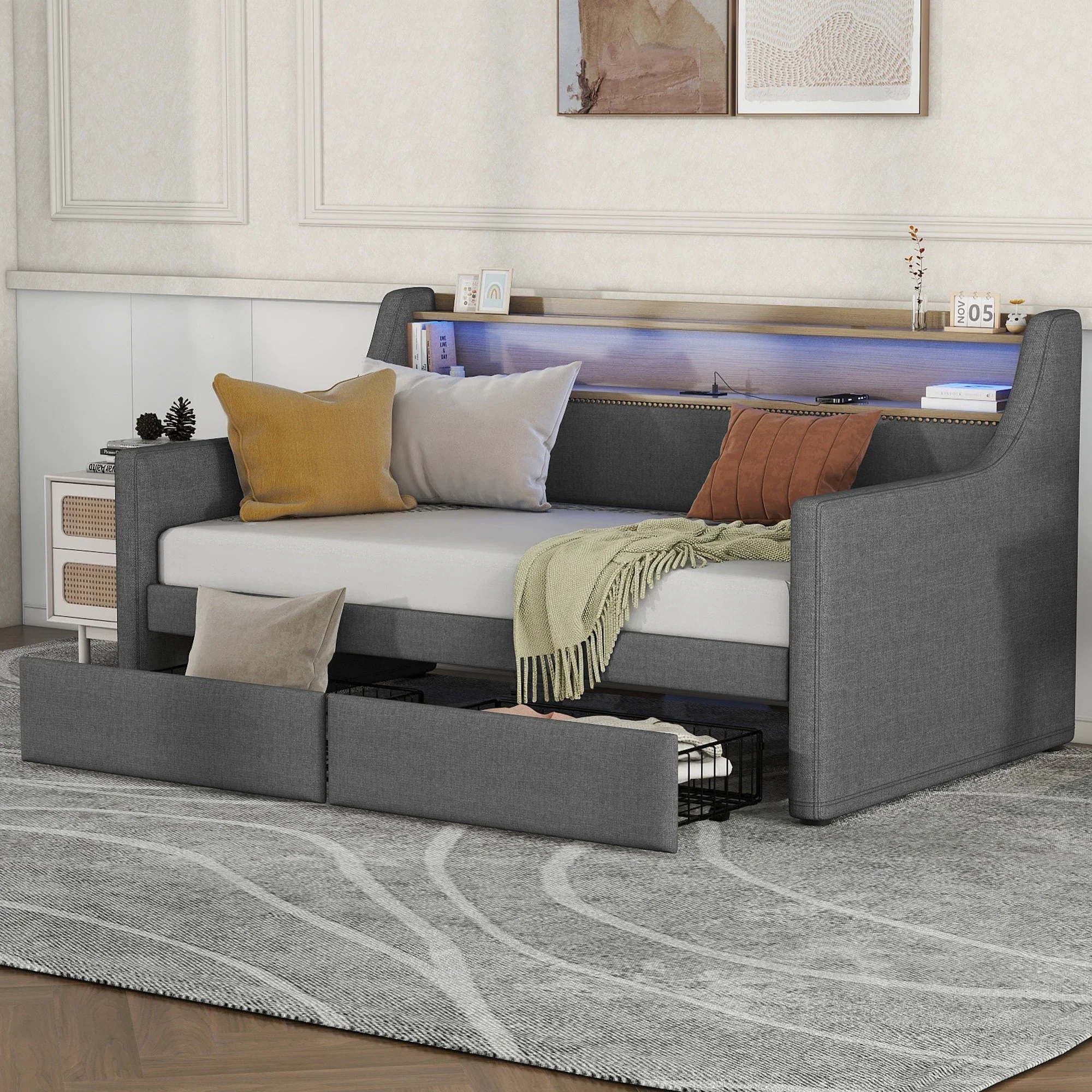 Twin Size Linen Upholstered Daybed with Storage Drawers and LED Lights - Image 3