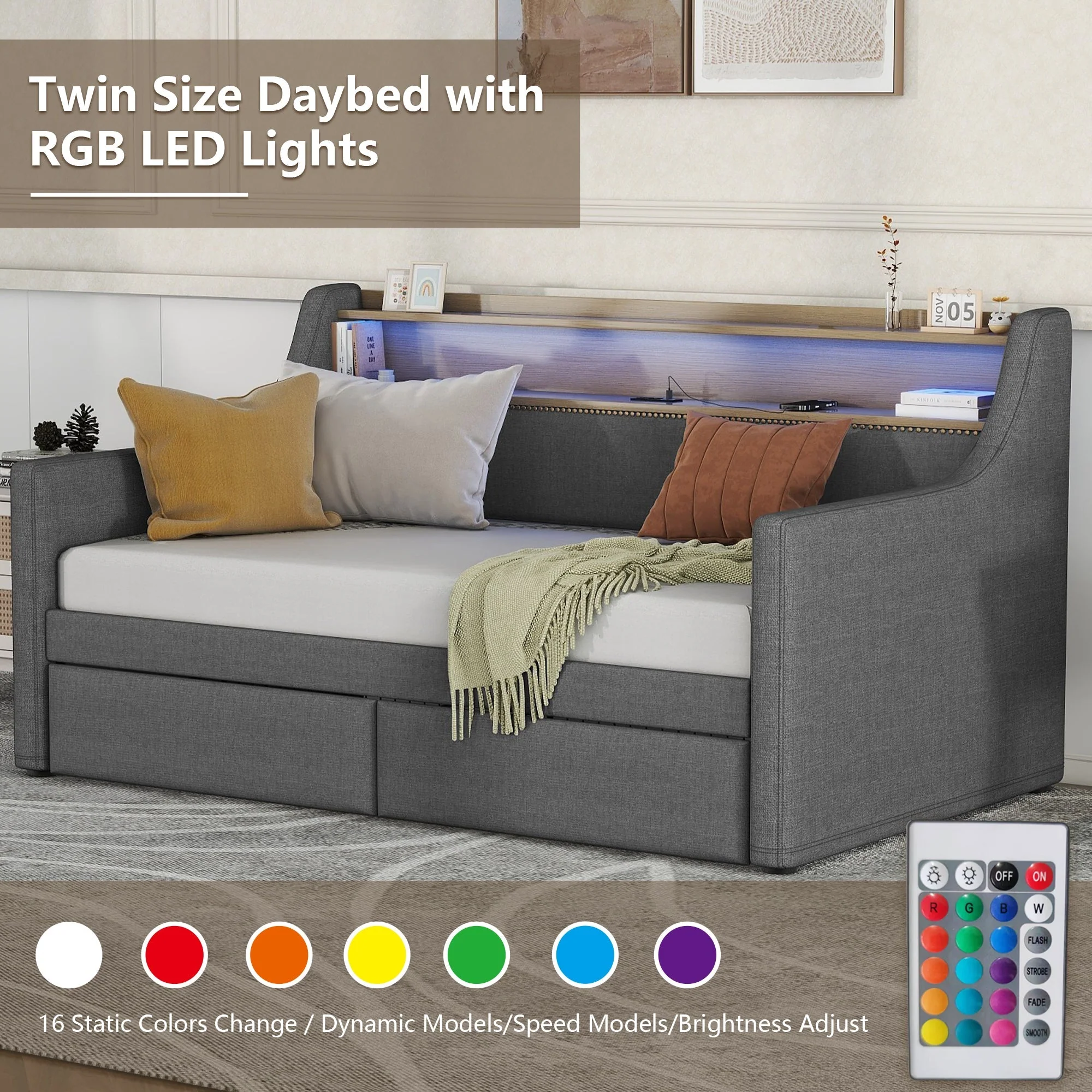 Twin Size Linen Upholstered Daybed with Storage Drawers and LED Lights - Image 4