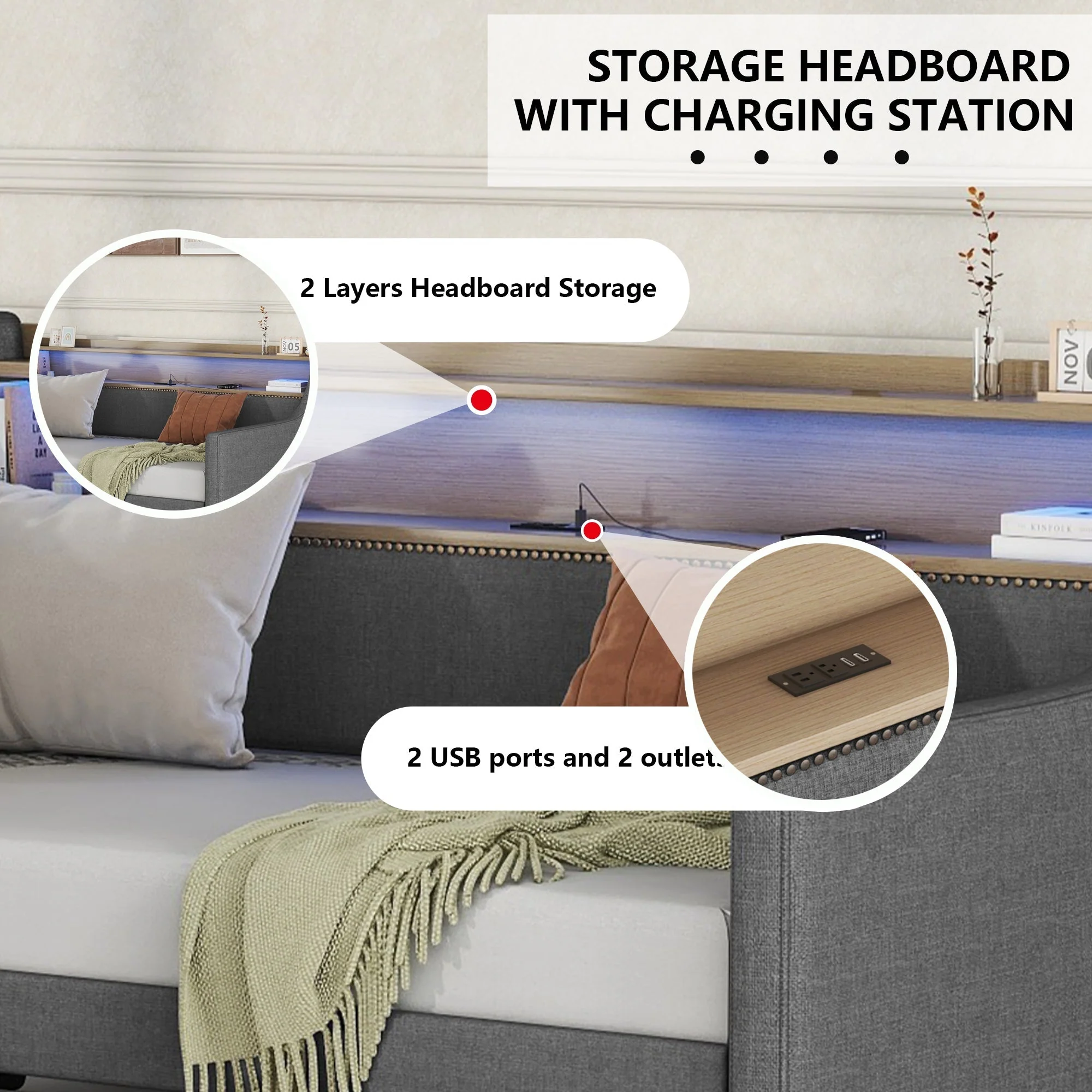 Twin Size Linen Upholstered Daybed with Storage Drawers and LED Lights - Image 5