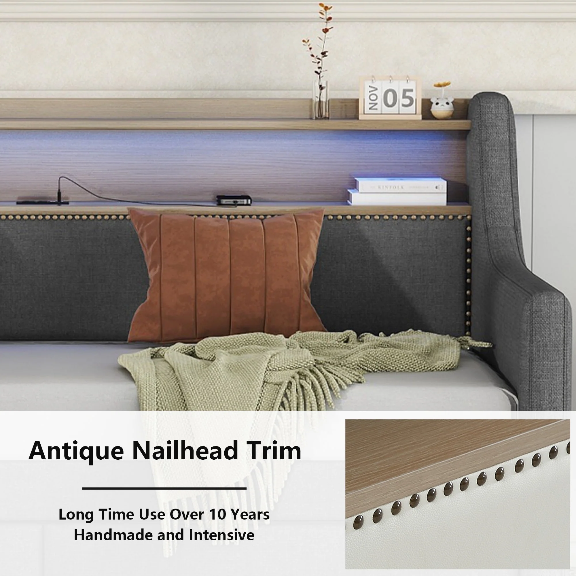 Twin Size Linen Upholstered Daybed with Storage Drawers and LED Lights - Image 6