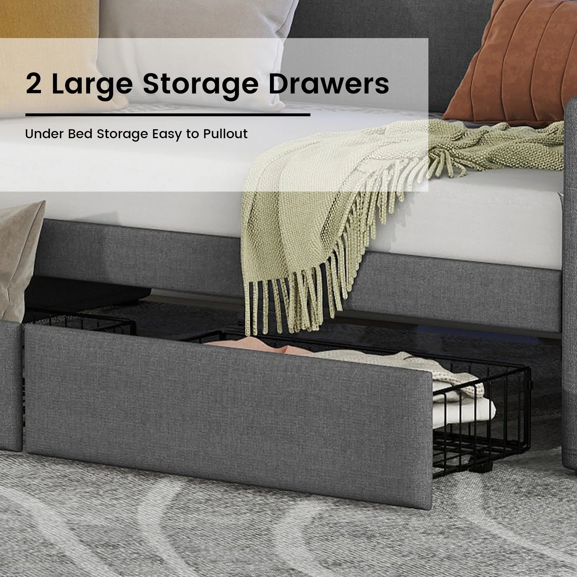 Twin Size Linen Upholstered Daybed with Storage Drawers and LED Lights - Image 7