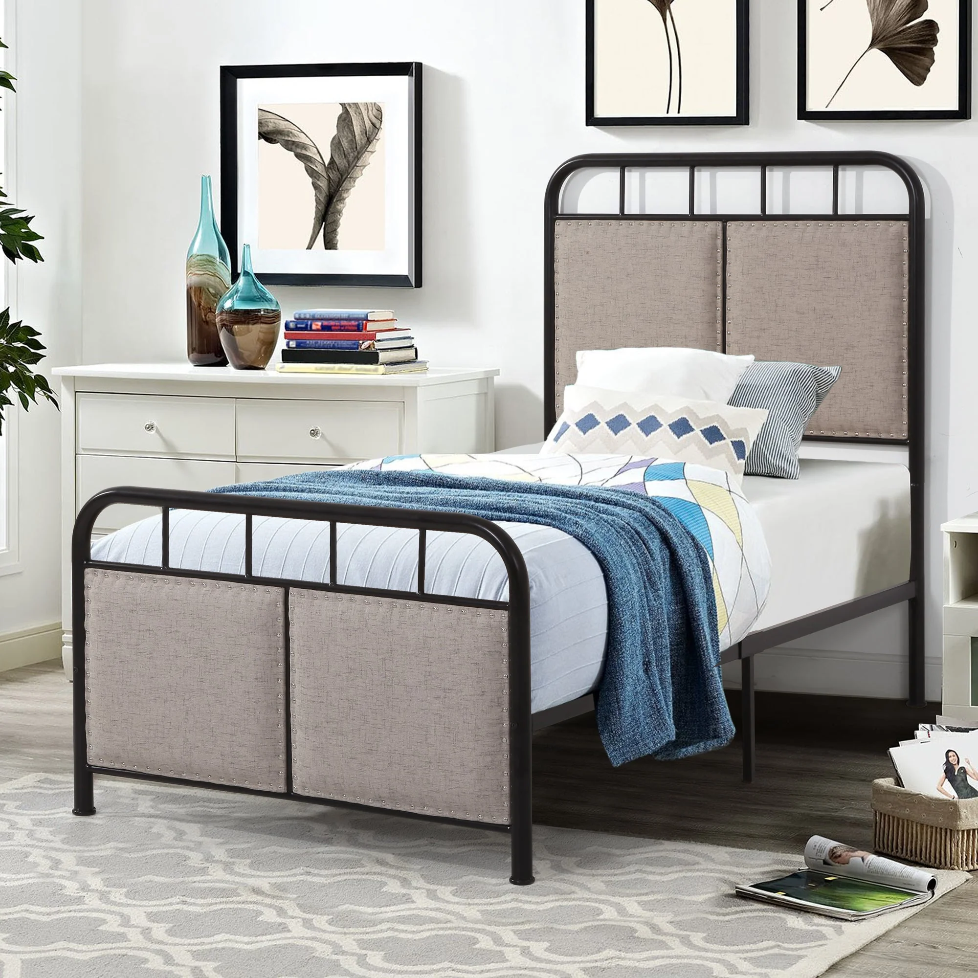 Twin Size Linen Upholstered Platform Metal Bed Frame with Fabric Headboard and Footboard - Image 2