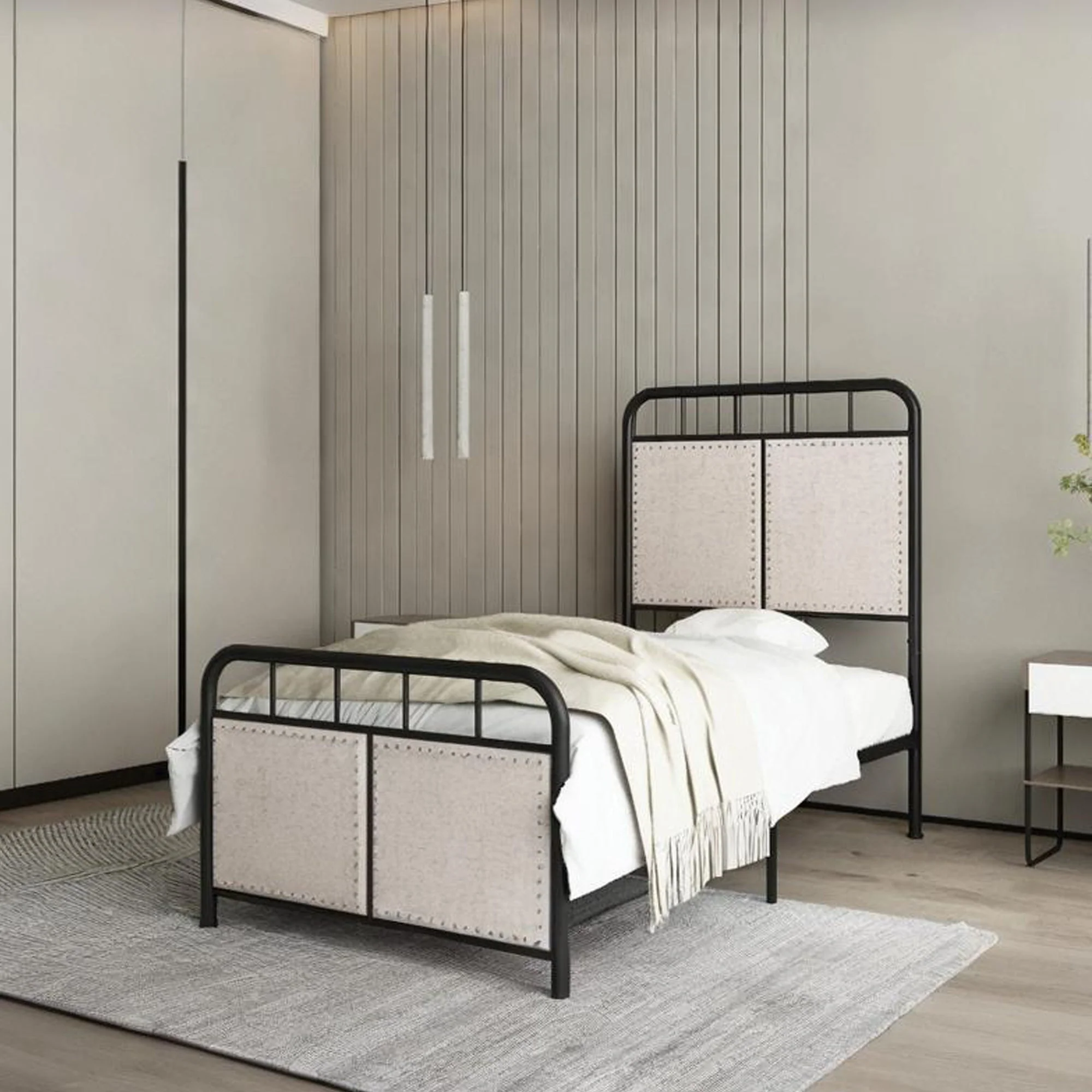 Twin Size Linen Upholstered Platform Metal Bed Frame with Fabric Headboard and Footboard - Image 3