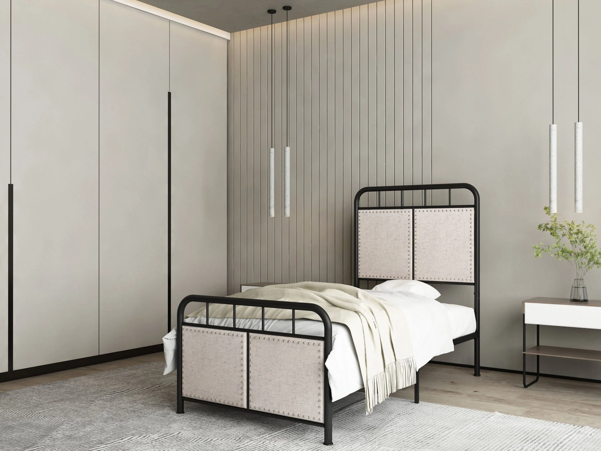 Twin Size Linen Upholstered Platform Metal Bed Frame With Fabric Headboard And Footboard - Brown - Image 2