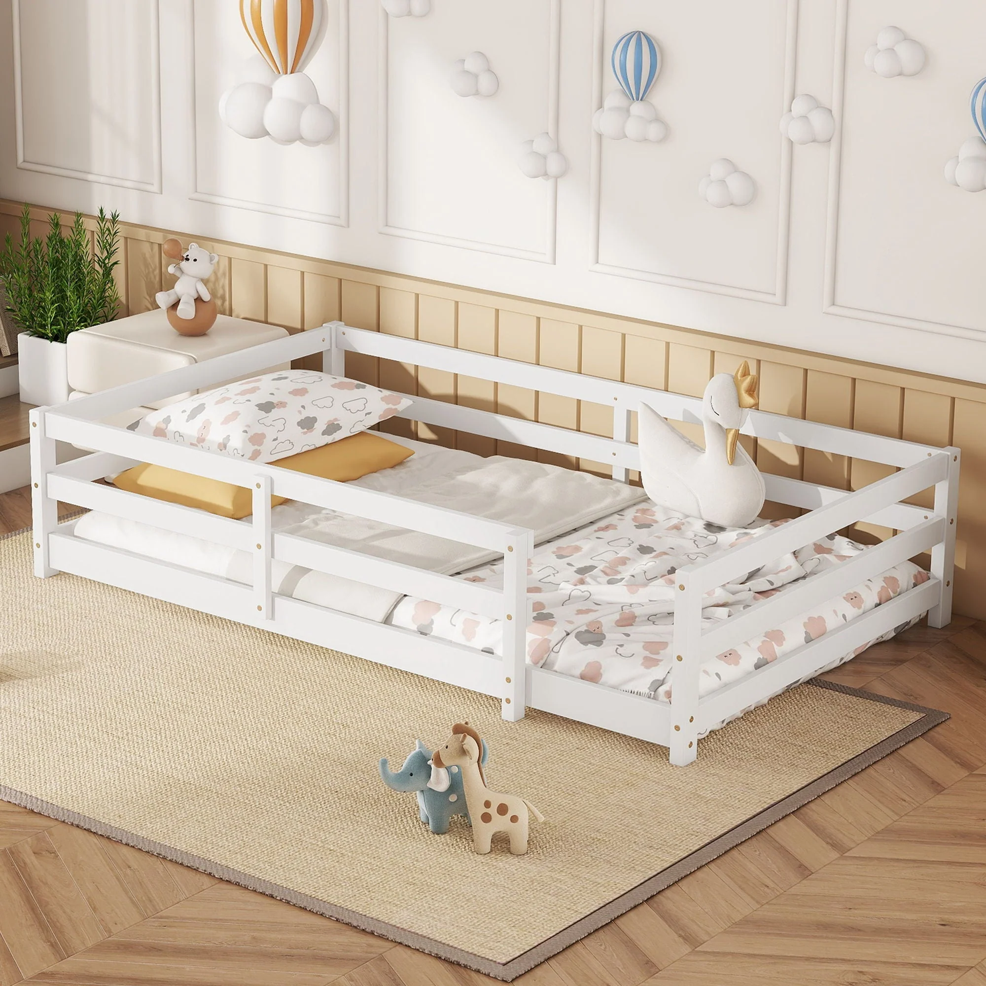 Twin Size Montessori Floor Bed With Fence - White - Image 2