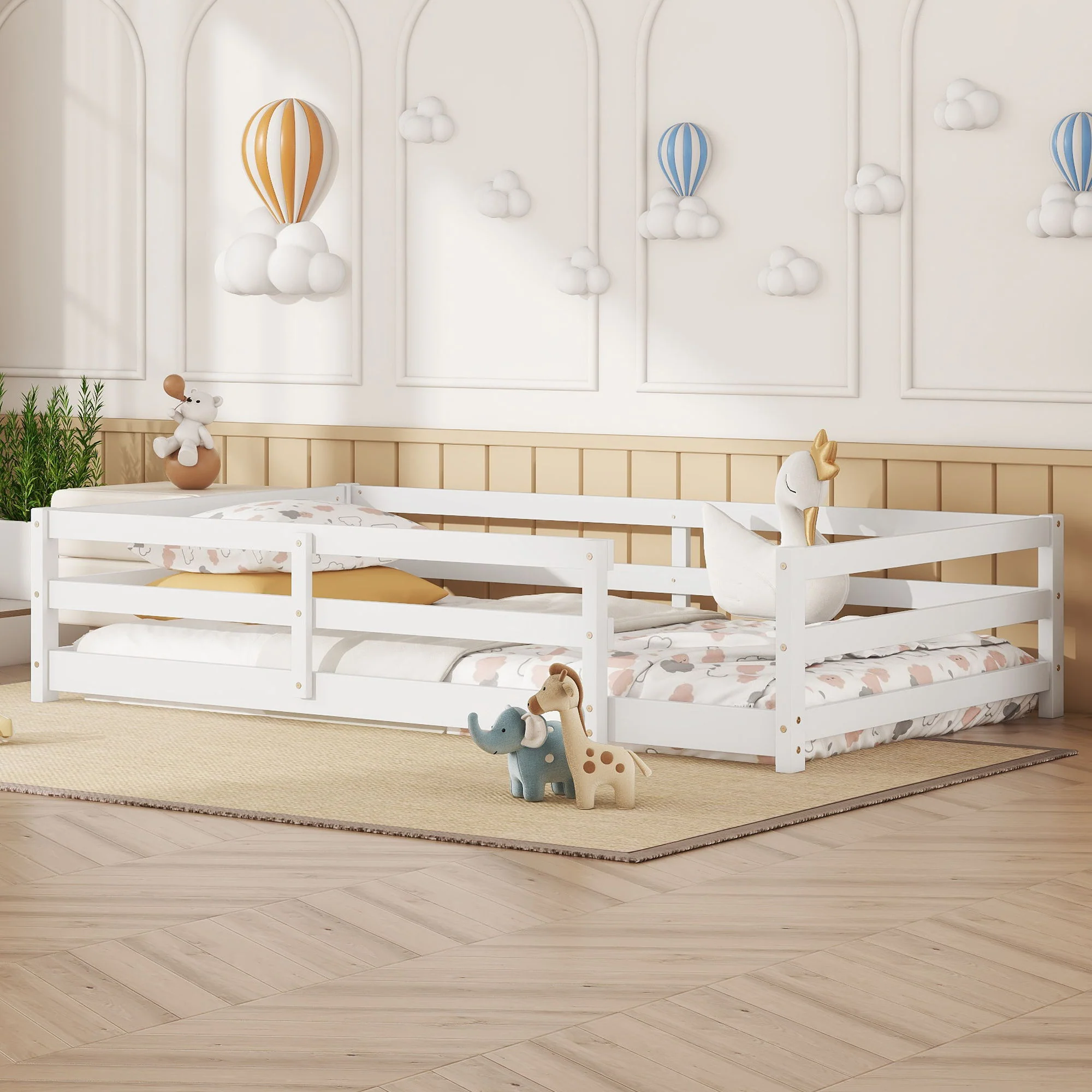 Twin Size Montessori Floor Bed With Fence - White - Image 3