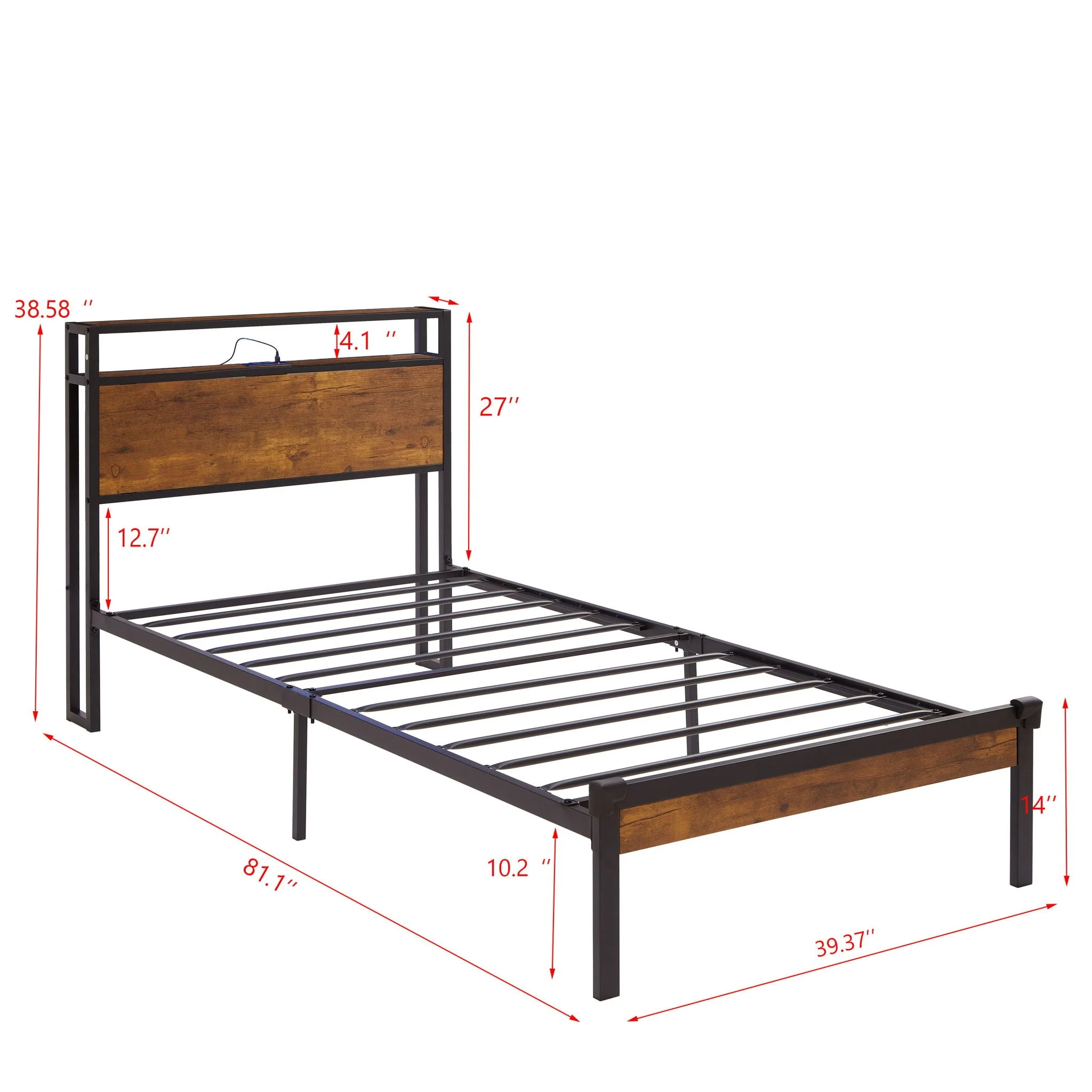 Twin Size Platform Bed Frame, LED Lights With Remote Control, USB Charging Port, Large Under Bed Storage - Black / Brown - Image 2