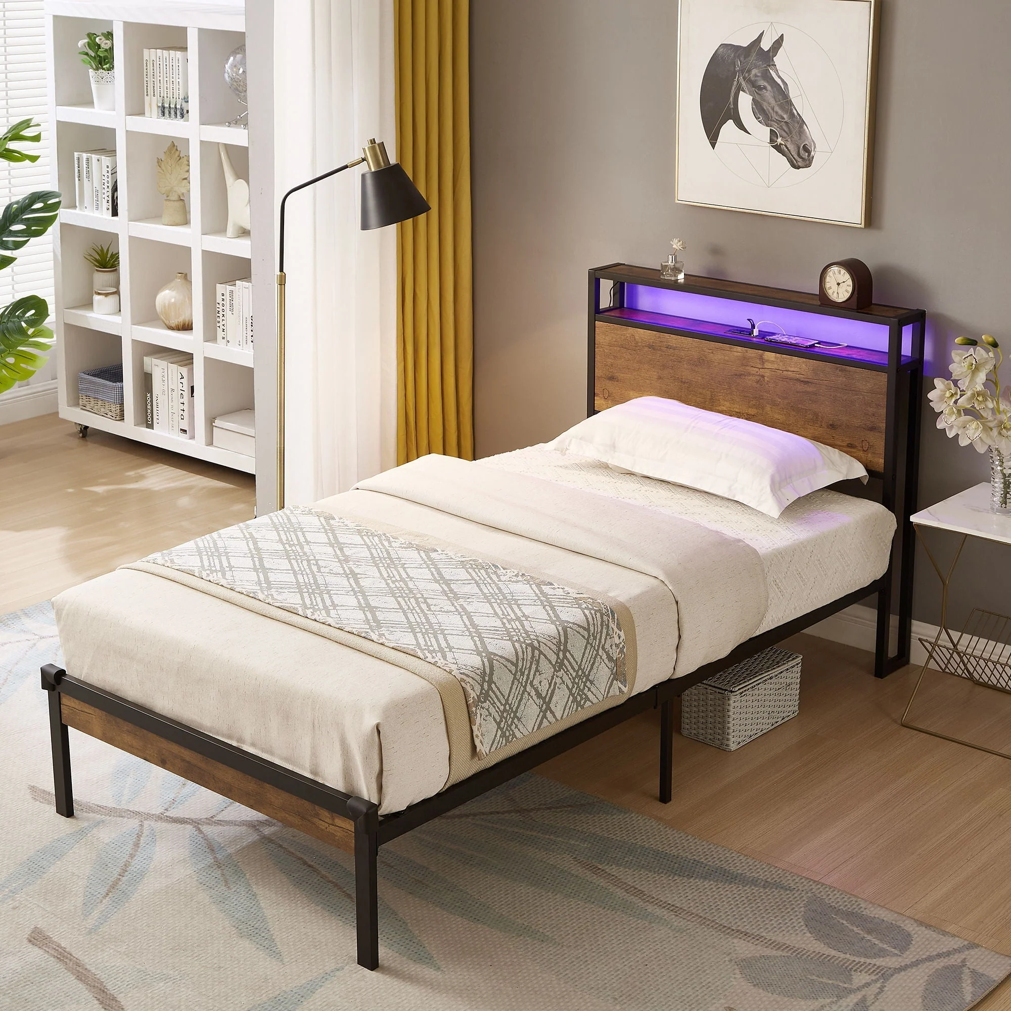 Twin Size Platform Bed Frame, LED Lights With Remote Control, USB Charging Port, Large Under Bed Storage - Black / Brown - Image 3