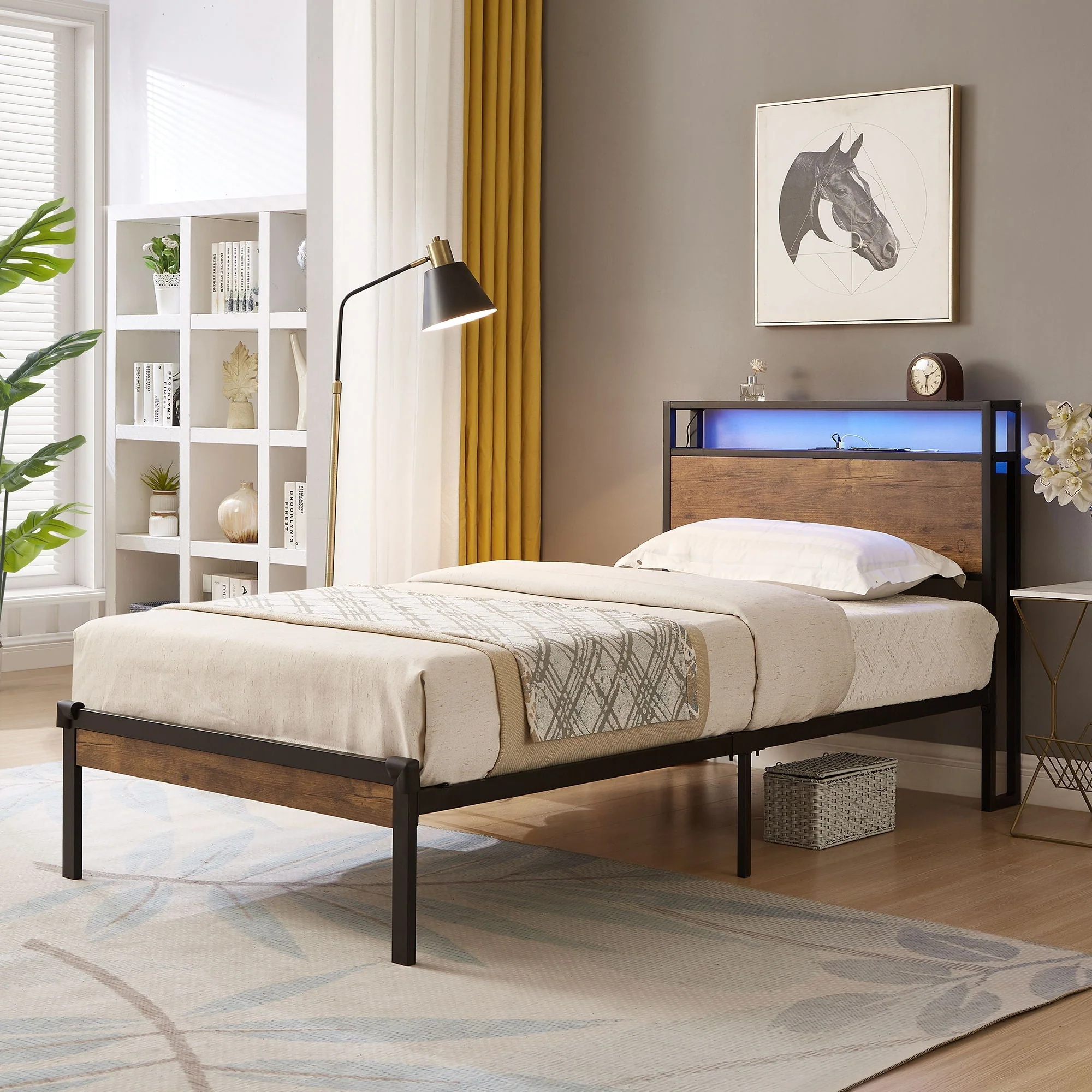 Twin Size Platform Bed Frame, LED Lights With Remote Control, USB Charging Port, Large Under Bed Storage - Black / Brown - Image 4