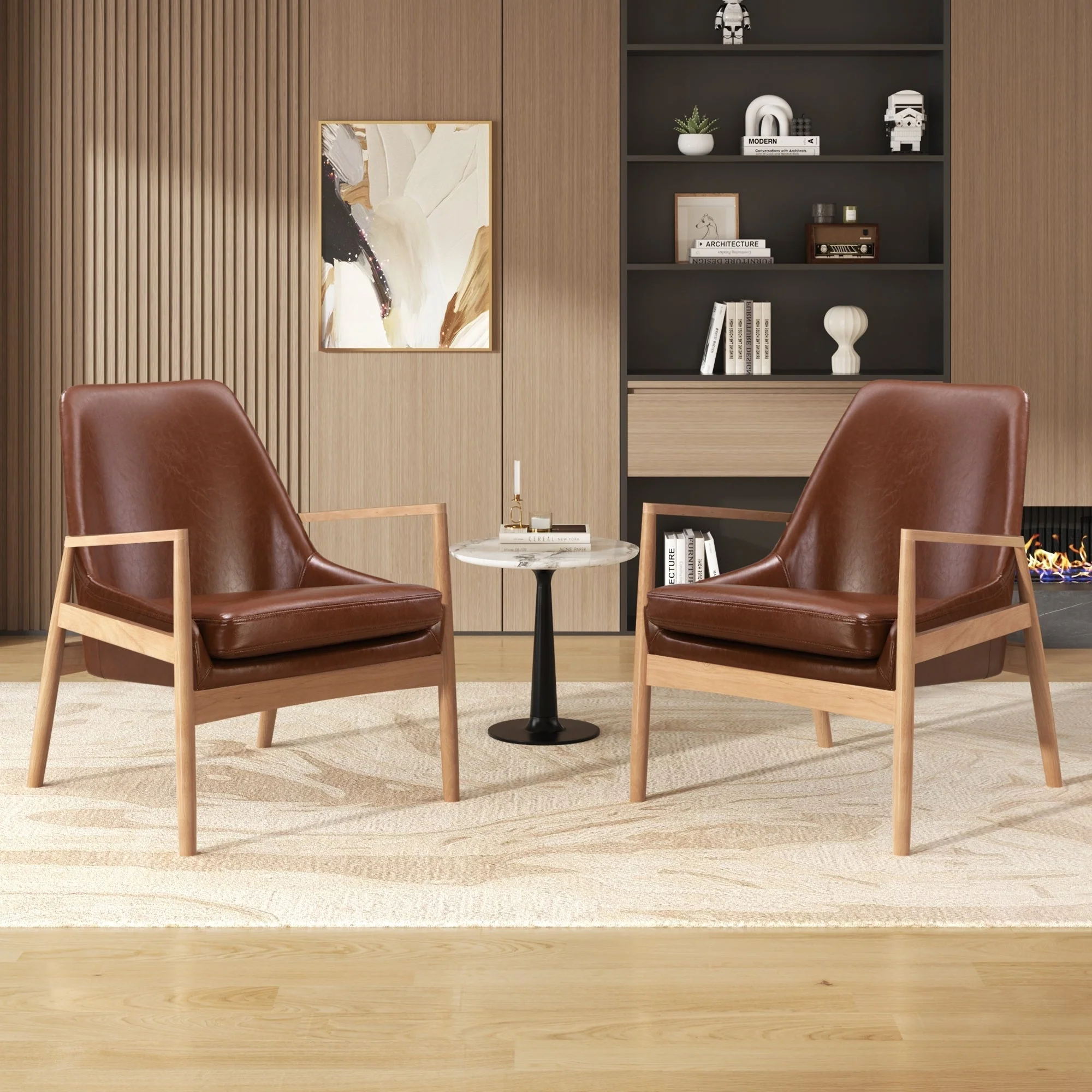 U-Can PU Leather Accent Chair Set of 2 Mid-Century Modern Armchair with Solid Wood Frame - Image 2