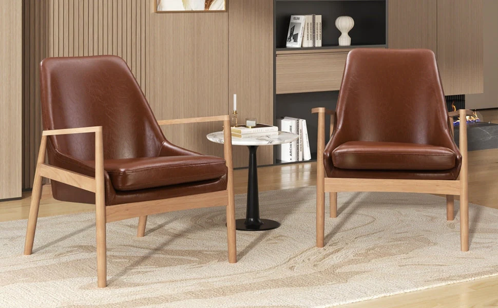 U-Can PU Leather Accent Chair Set of 2 Mid-Century Modern Armchair with Solid Wood Frame - Image 3