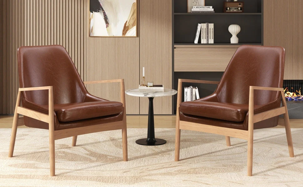 U-Can PU Leather Accent Chair Set of 2 Mid-Century Modern Armchair with Solid Wood Frame - Image 4