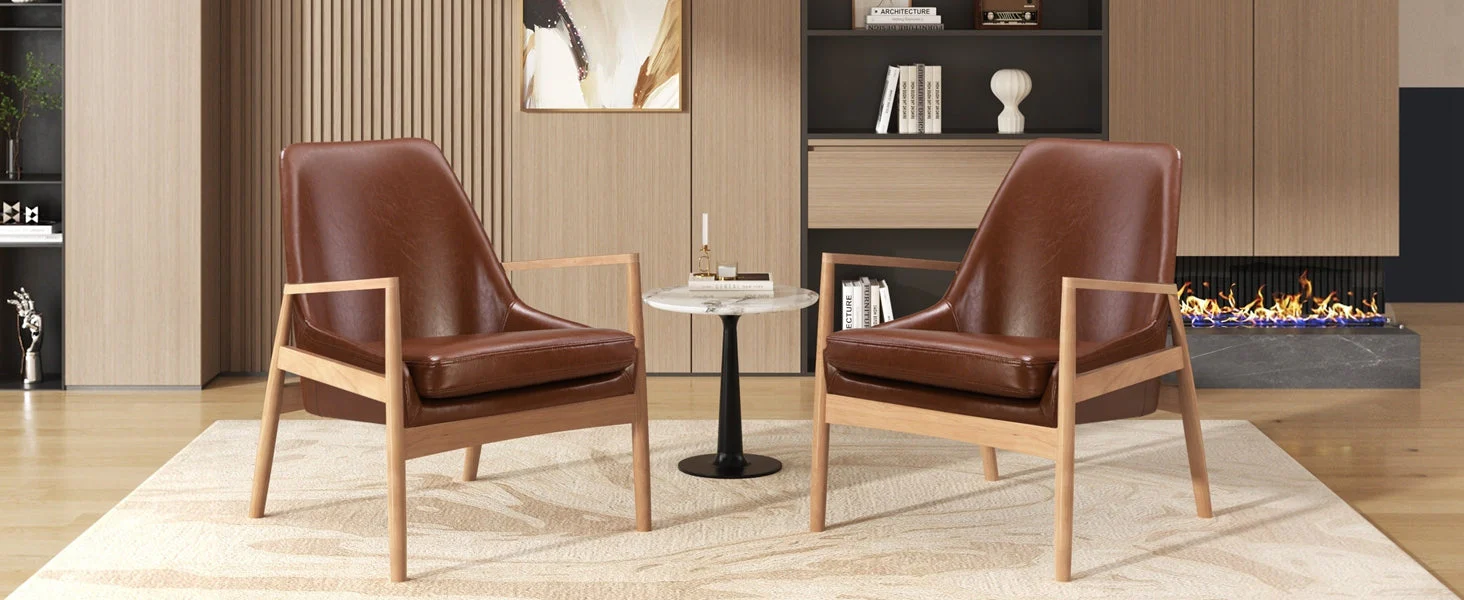 U-Can PU Leather Accent Chair Set of 2 Mid-Century Modern Armchair with Solid Wood Frame - Image 5