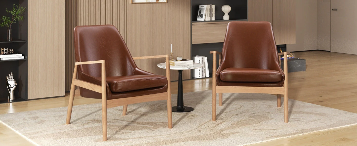 U-Can PU Leather Accent Chair Set of 2 Mid-Century Modern Armchair with Solid Wood Frame - Image 6