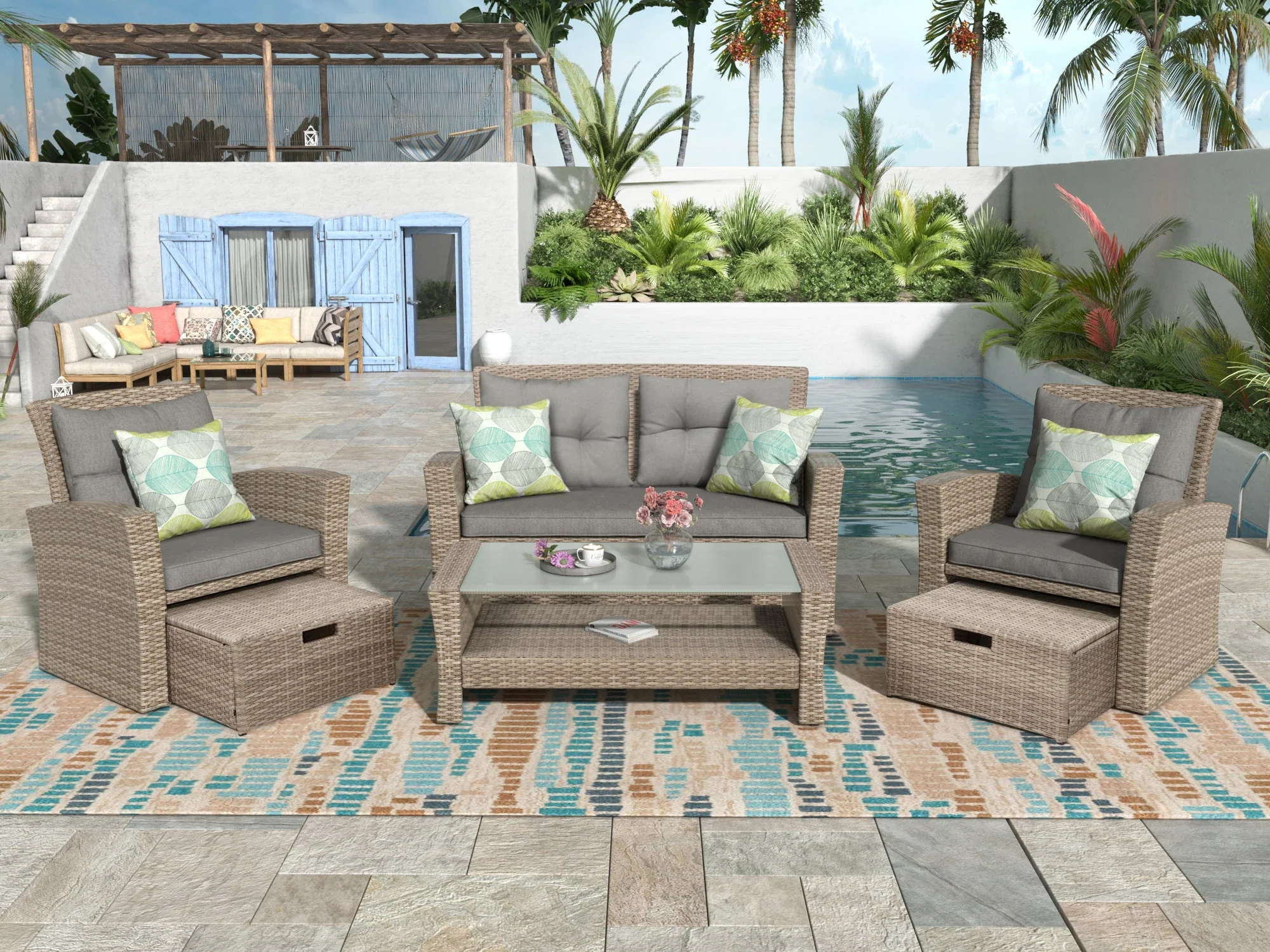U-Style 4 Piece Outdoor Patio Furniture Set with Ottoman and Cushions - Image 2