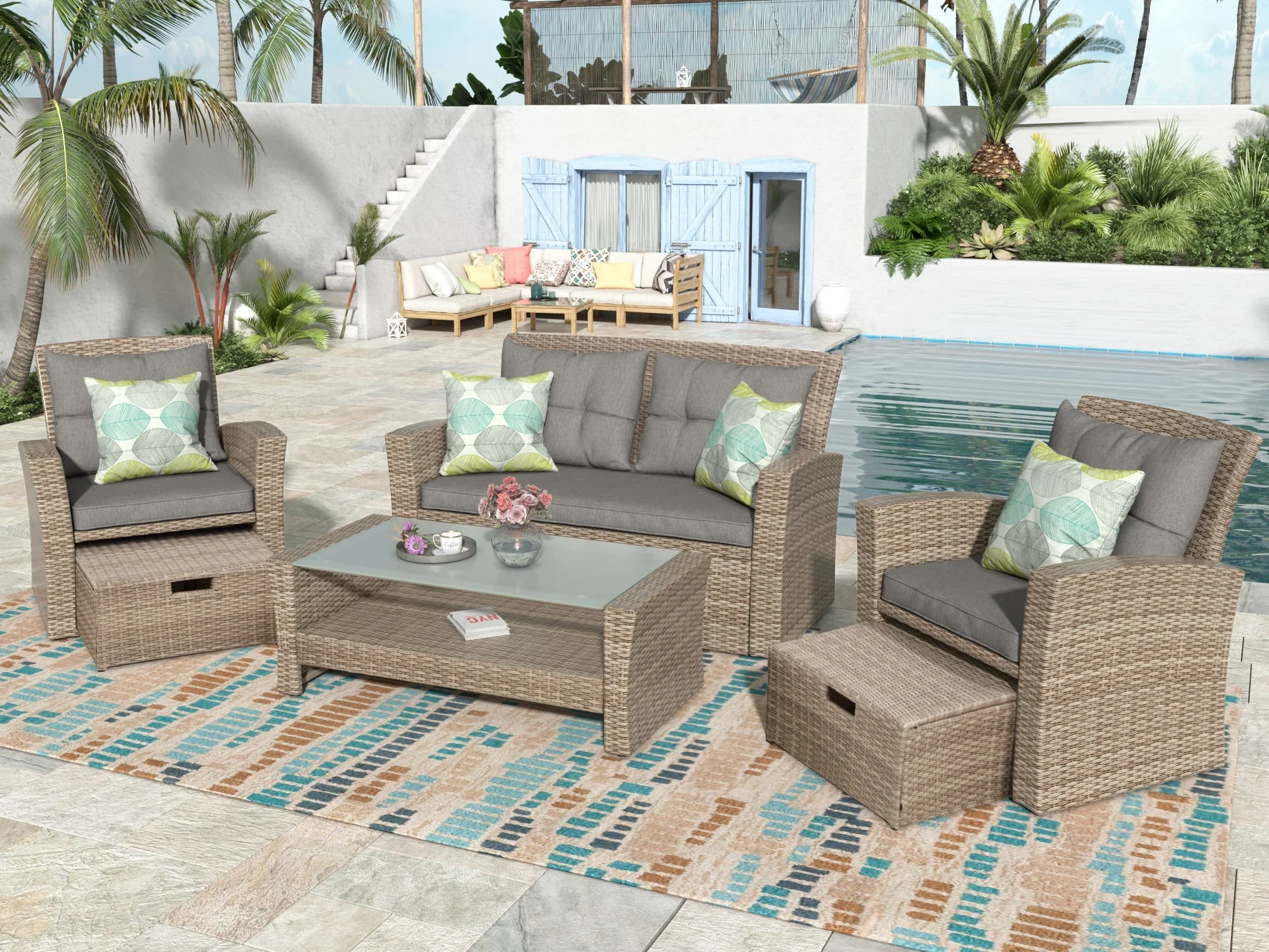 U-Style 4 Piece Outdoor Patio Furniture Set with Ottoman and Cushions - Image 3