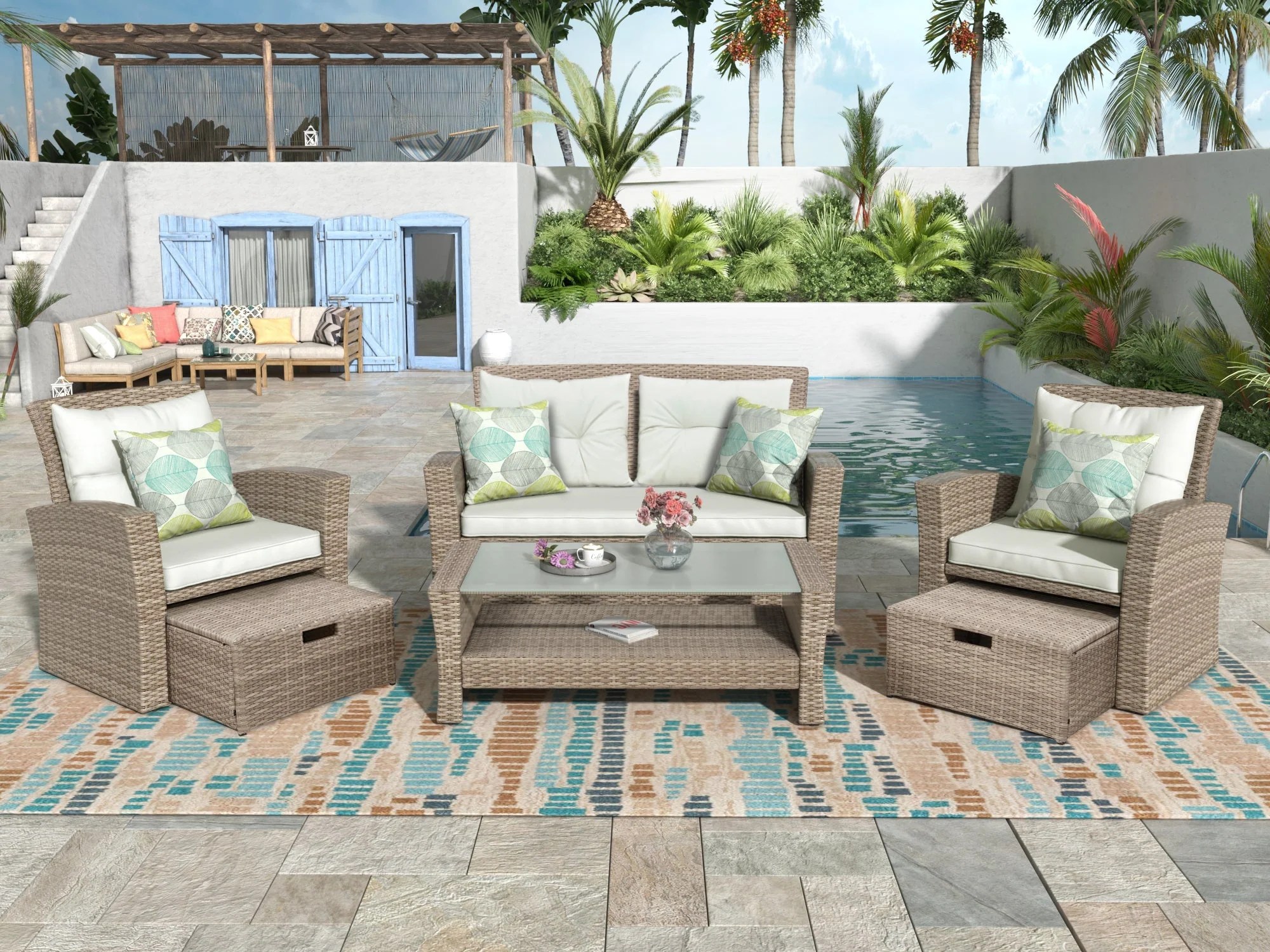 U-Style Patio Furniture 4 Piece Outdoor Wicker Sectional Sofa Set with Ottoman and Cushions - Image 2
