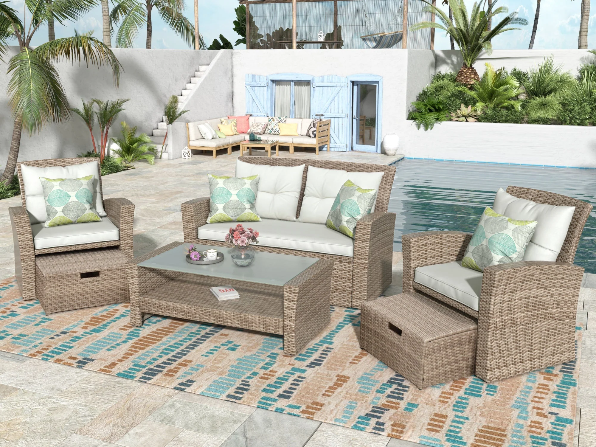 U-Style Patio Furniture 4 Piece Outdoor Wicker Sectional Sofa Set with Ottoman and Cushions - Image 3