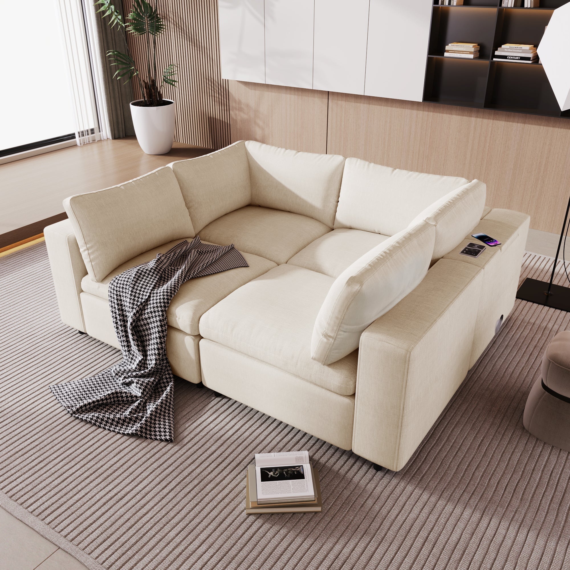 U-Style Upholstered Modular Sofa with Storage and Built-in Tech - Image 2