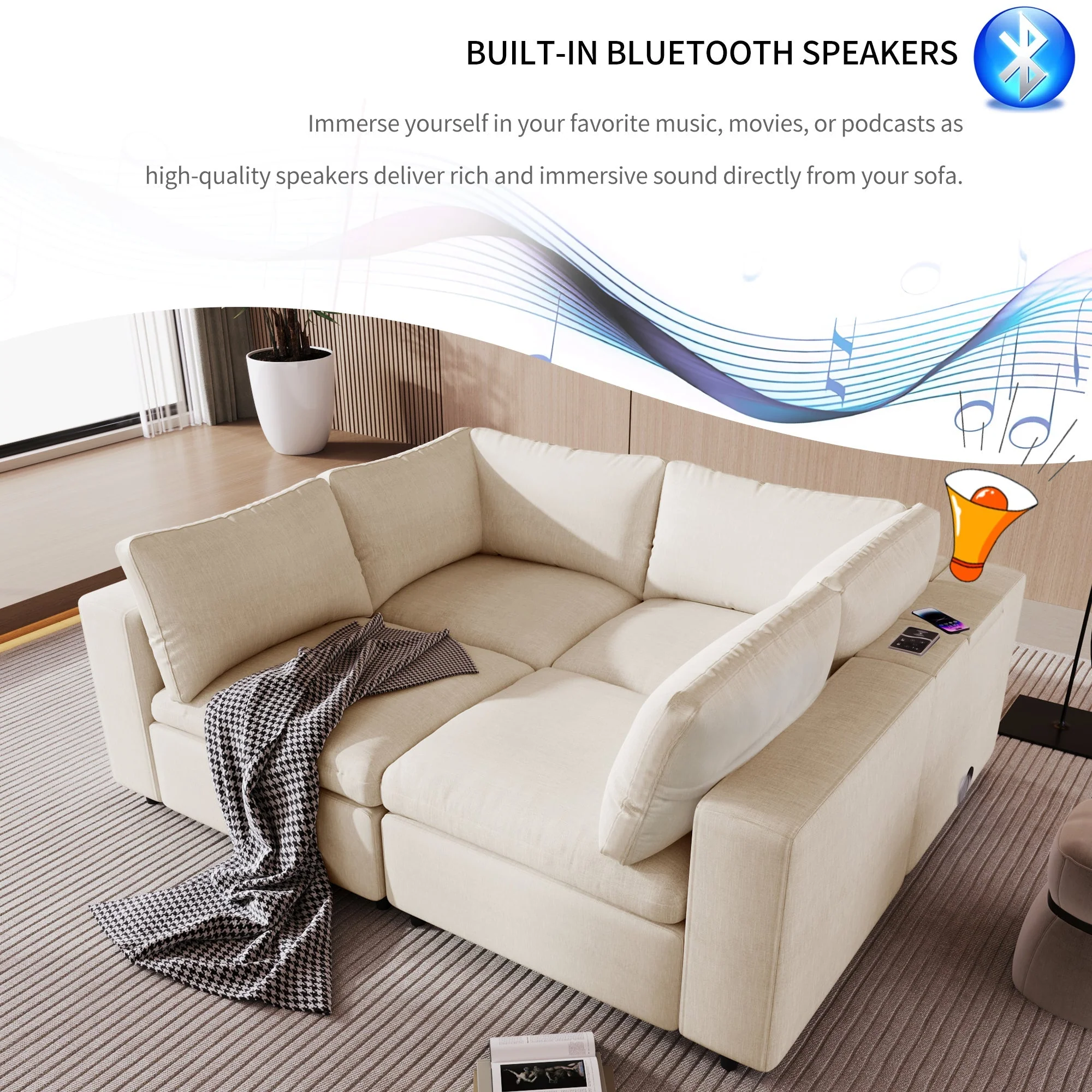 U-Style Upholstered Modular Sofa with Storage and Built-in Tech - Image 5