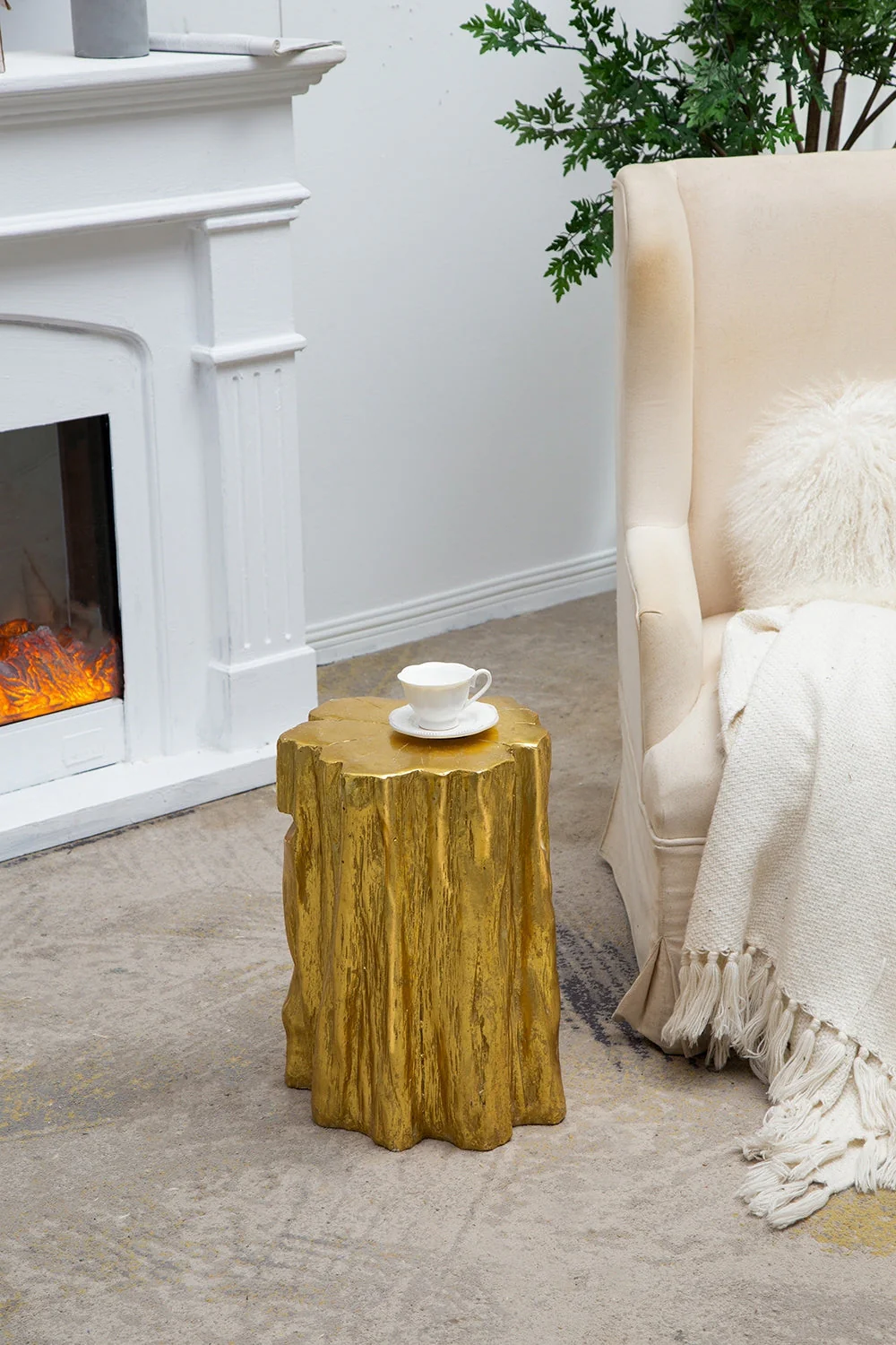 Unique Golden Tree Trunk Stool with Antique Gold Distressed Finish - Image 4