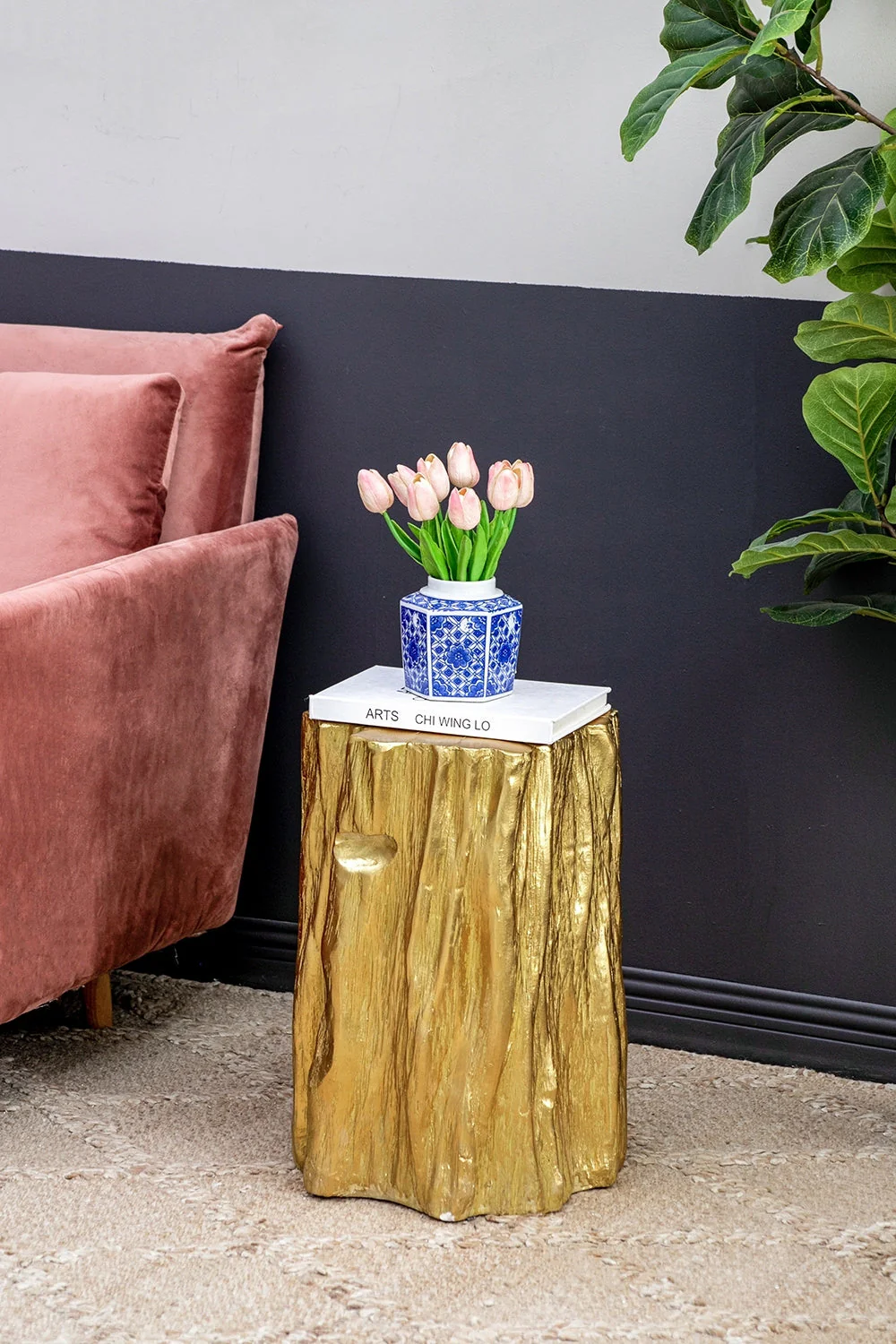 Unique Golden Tree Trunk Stool with Antique Gold Distressed Finish - Image 5