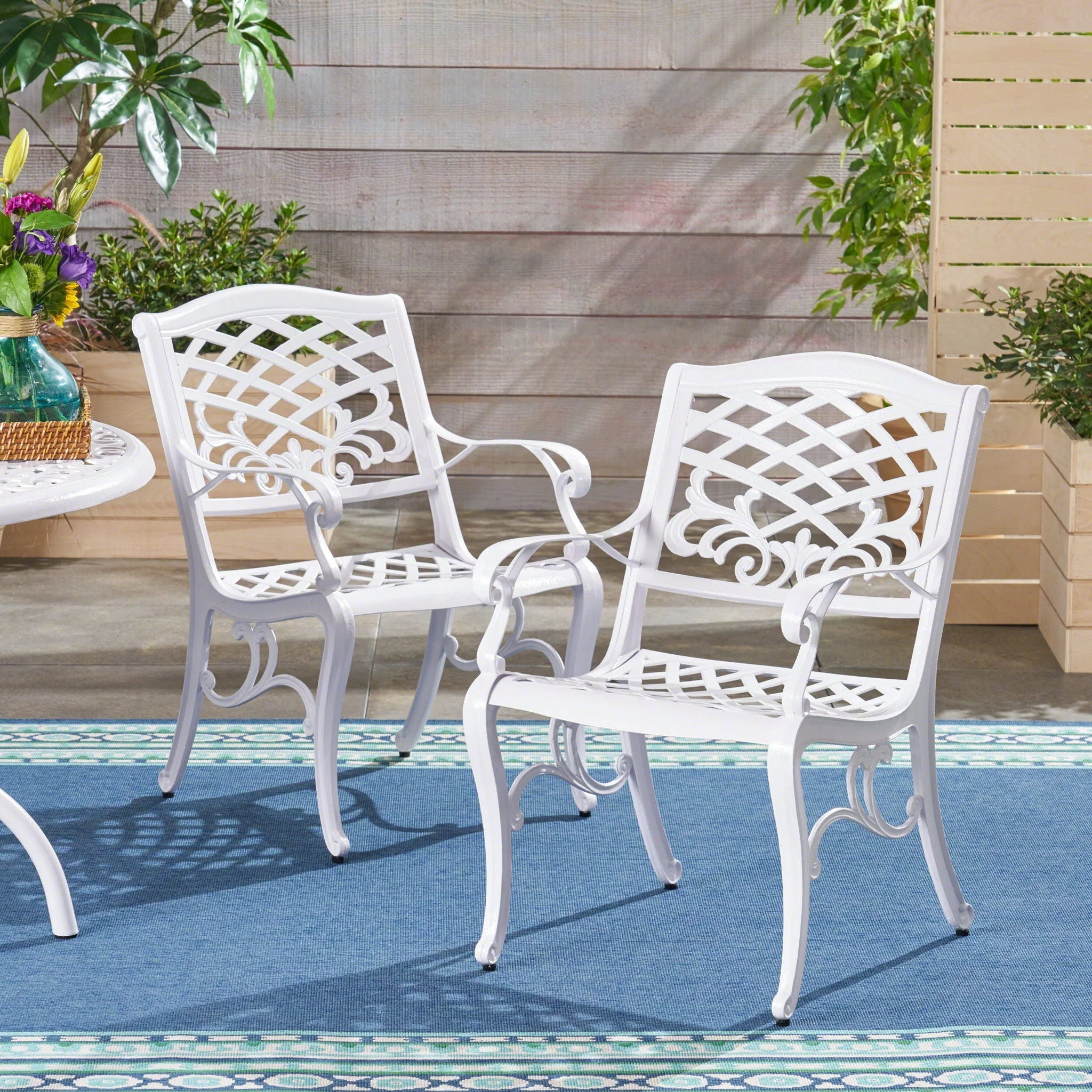 Unravel Outdoor Arm Chair With Scroll Design And Floral Accents (Set of 2) - White - Image 3