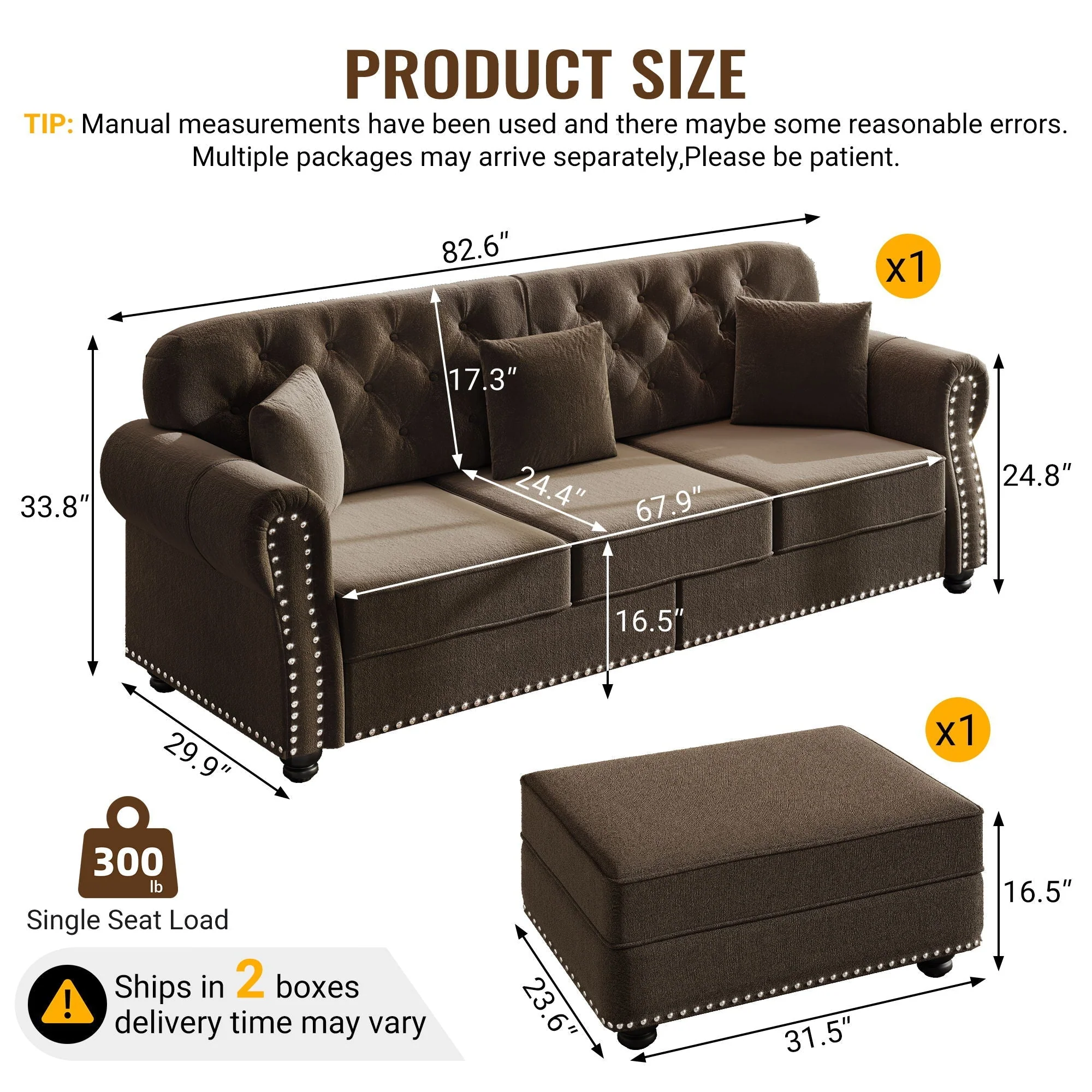 Upholstered 3 Seater Sofa Set With Ottoman - Image 10
