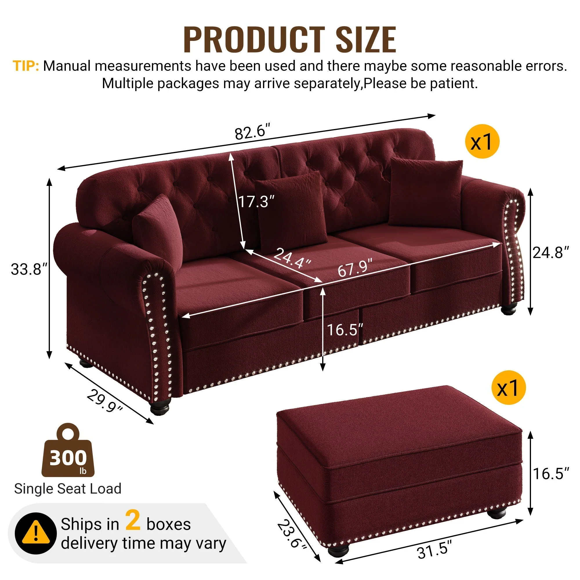 Upholstered 3 Seater Sofa Set With Ottoman - Image 12