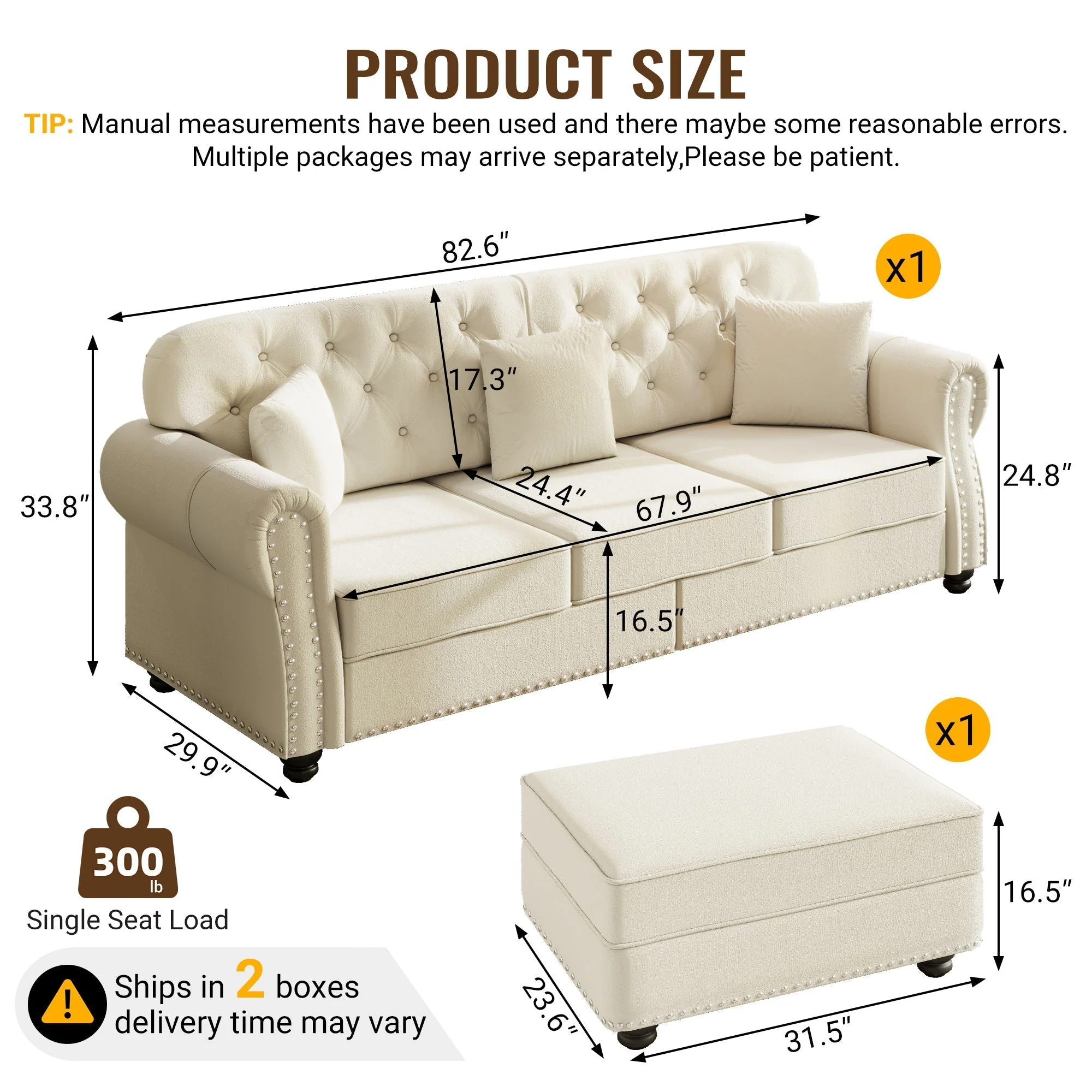 Upholstered 3 Seater Sofa Set With Ottoman - Image 4