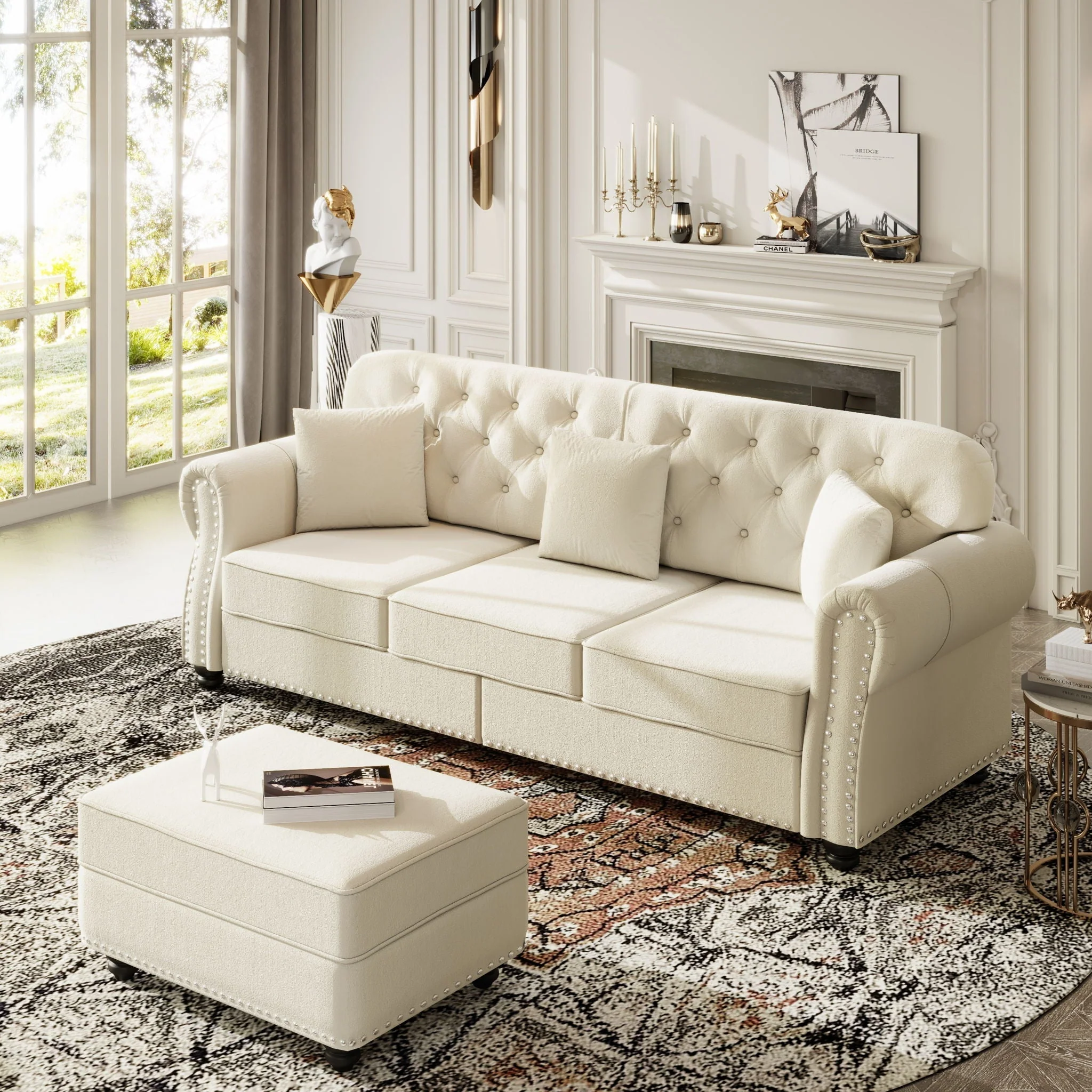 Upholstered 3 Seater Sofa Set With Ottoman - Image 9