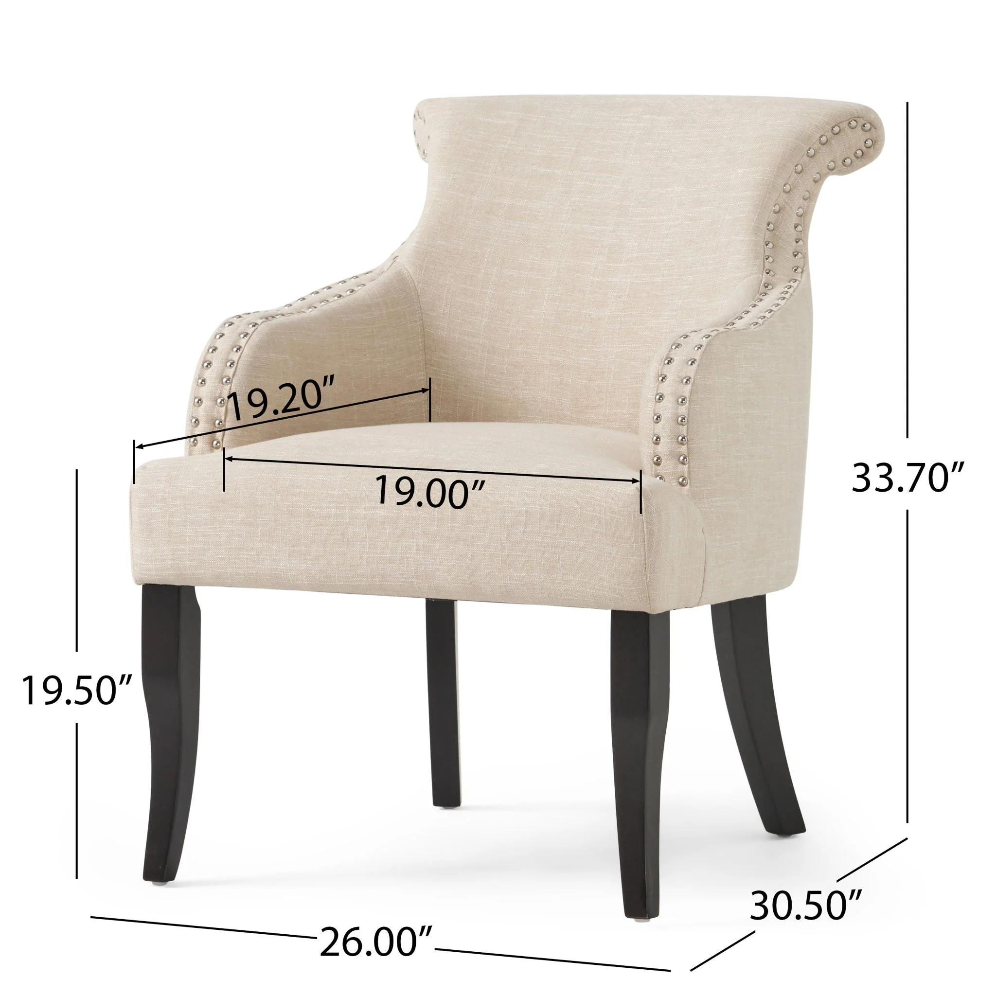 Upholstered Armchair With Rolled Back, Tapered Legs And Nailhead Trim - Light Beige - Image 3