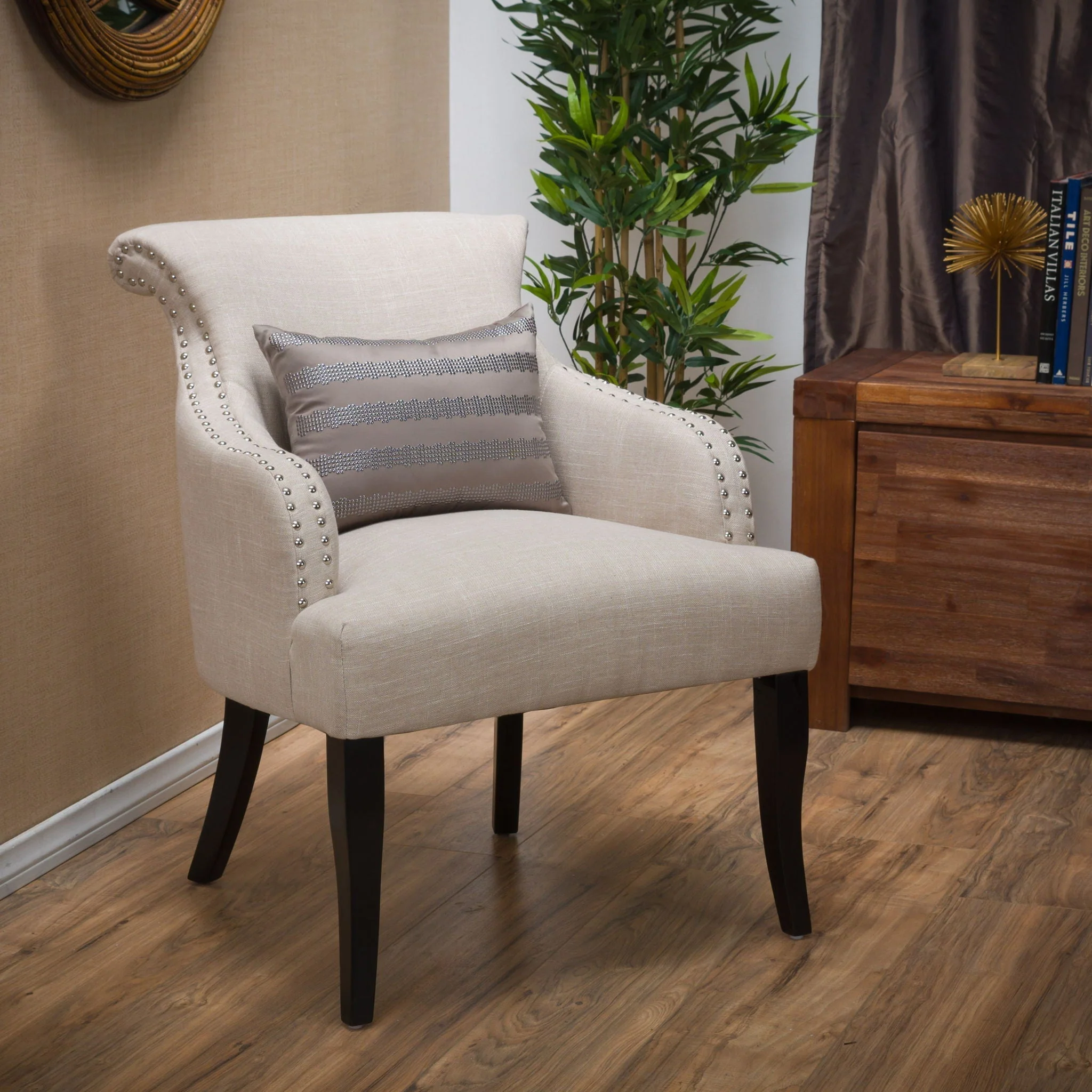 Upholstered Armchair With Rolled Back, Tapered Legs And Nailhead Trim - Light Beige - Image 4