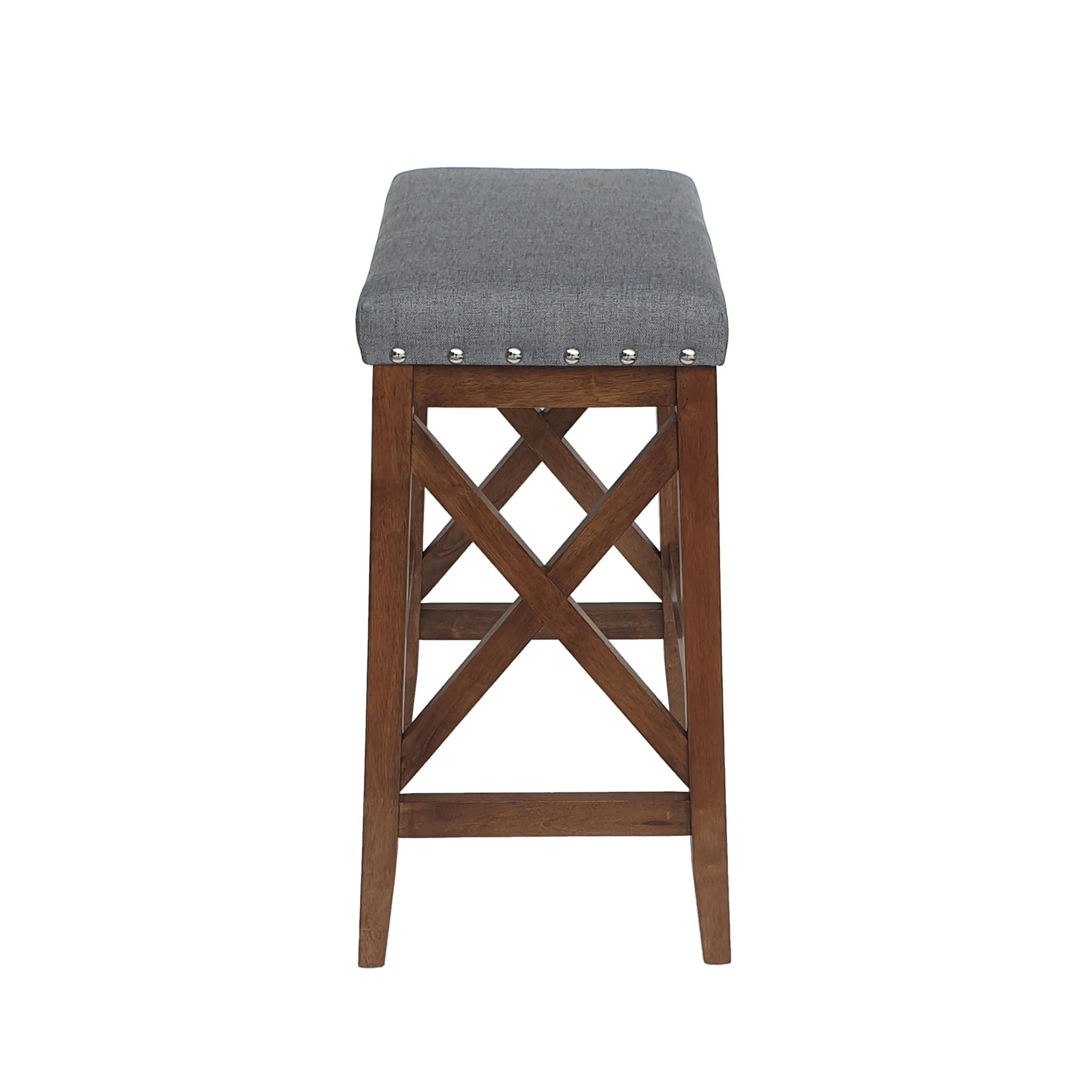 Upholstered Bar Stool With Nailhead Trim And X Frame Design (Set of 2) - Charcoal - Image 4
