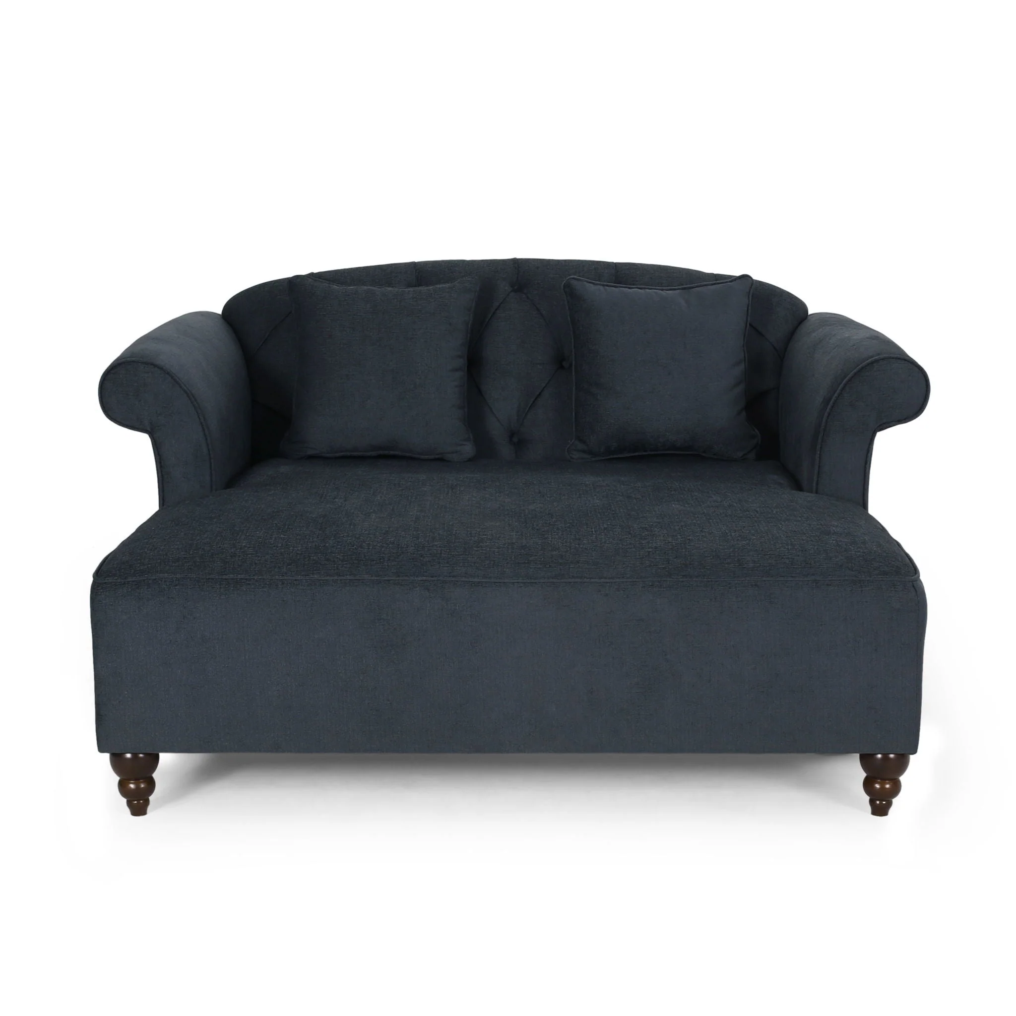 Upholstered Chaise Lounge With Scroll Arms, Turned Legs And 2 Pillows - Image 2