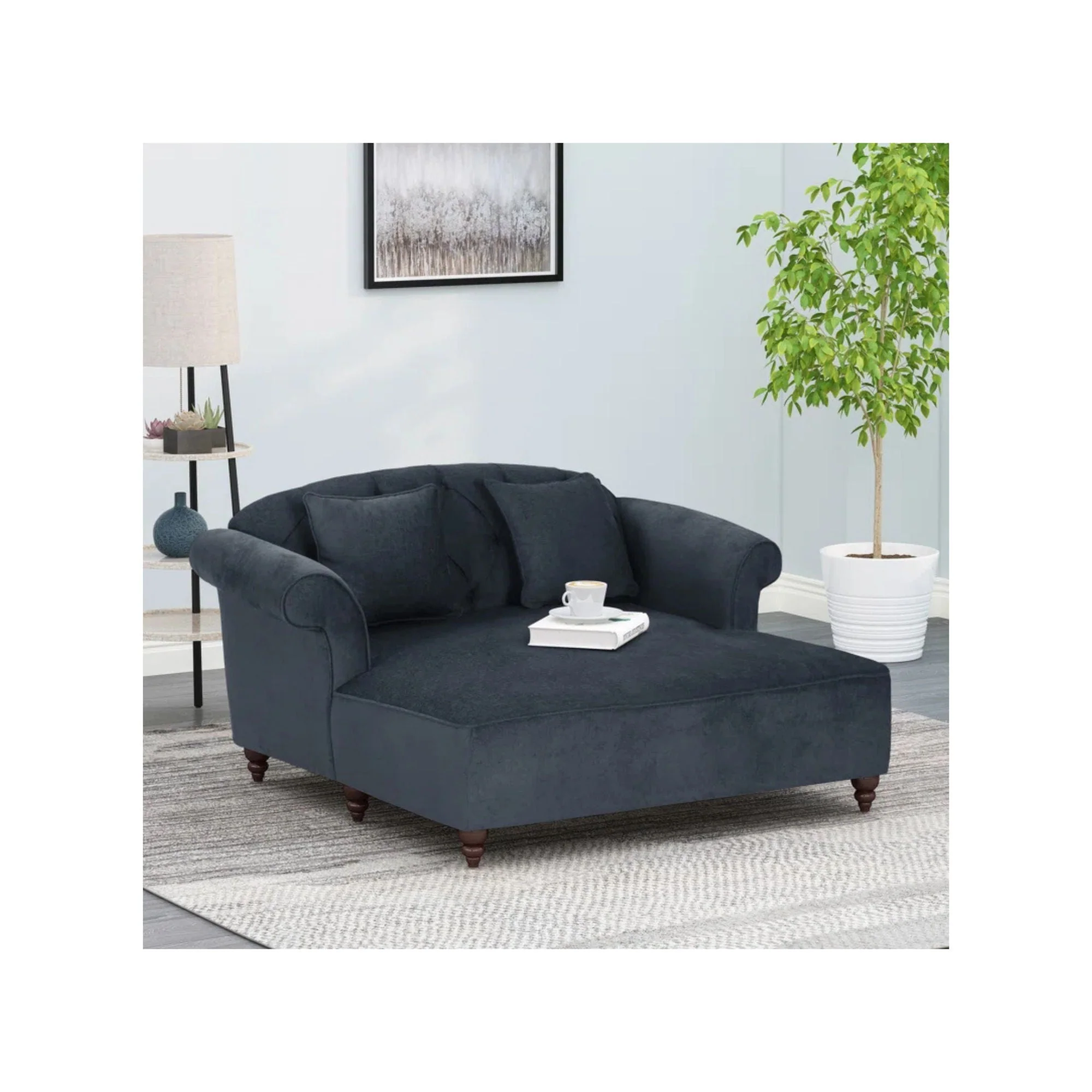 Upholstered Chaise Lounge With Scroll Arms, Turned Legs And 2 Pillows - Image 3