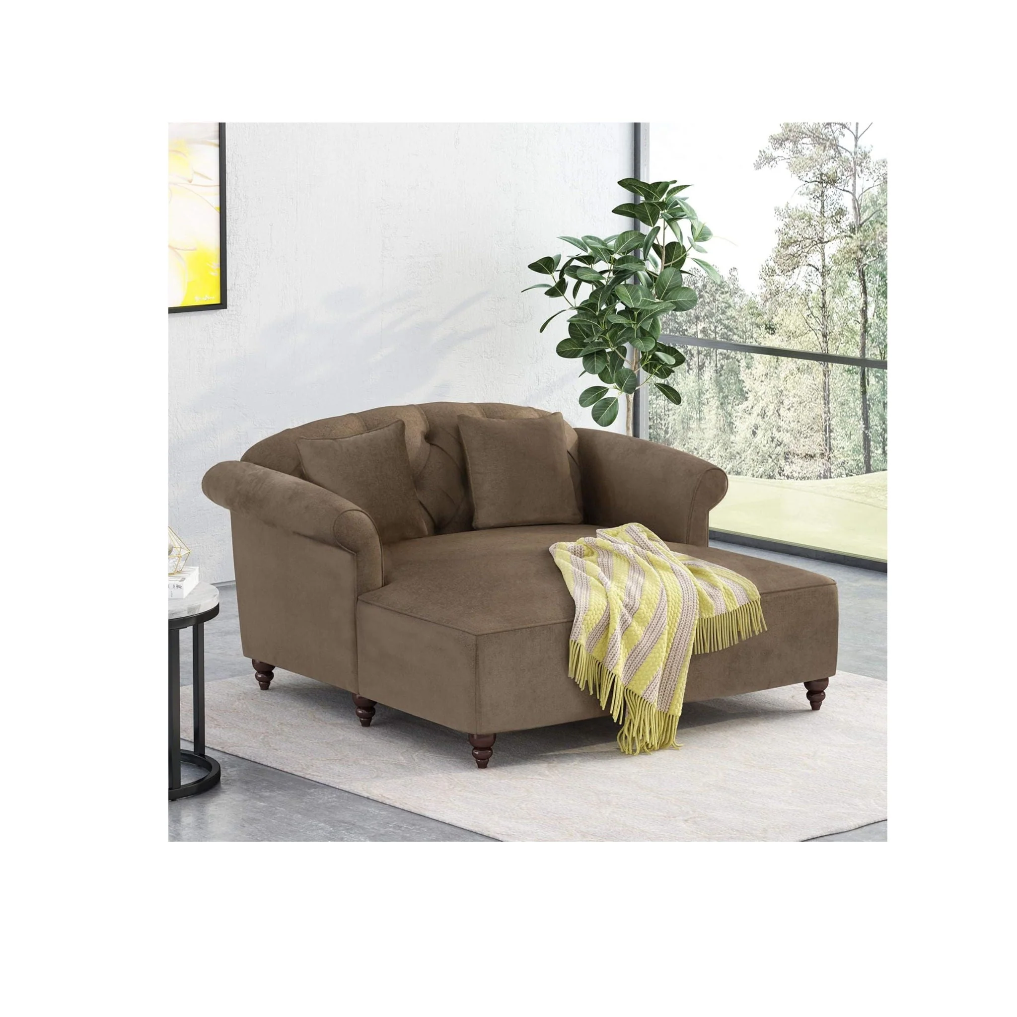 Upholstered Chaise Lounge With Scroll Arms, Turned Legs And 2 Pillows - Image 4