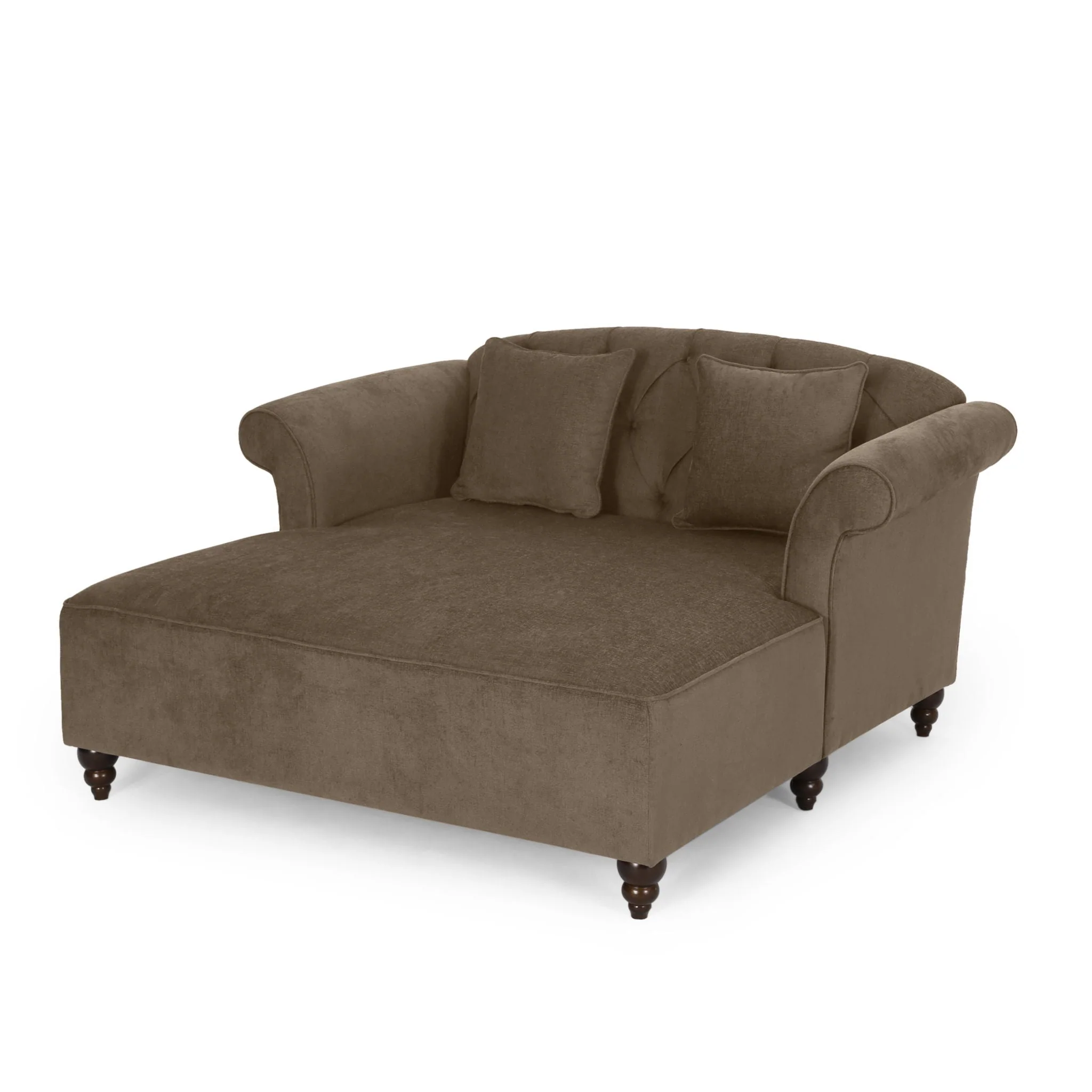 Upholstered Chaise Lounge With Scroll Arms, Turned Legs And 2 Pillows - Image 5