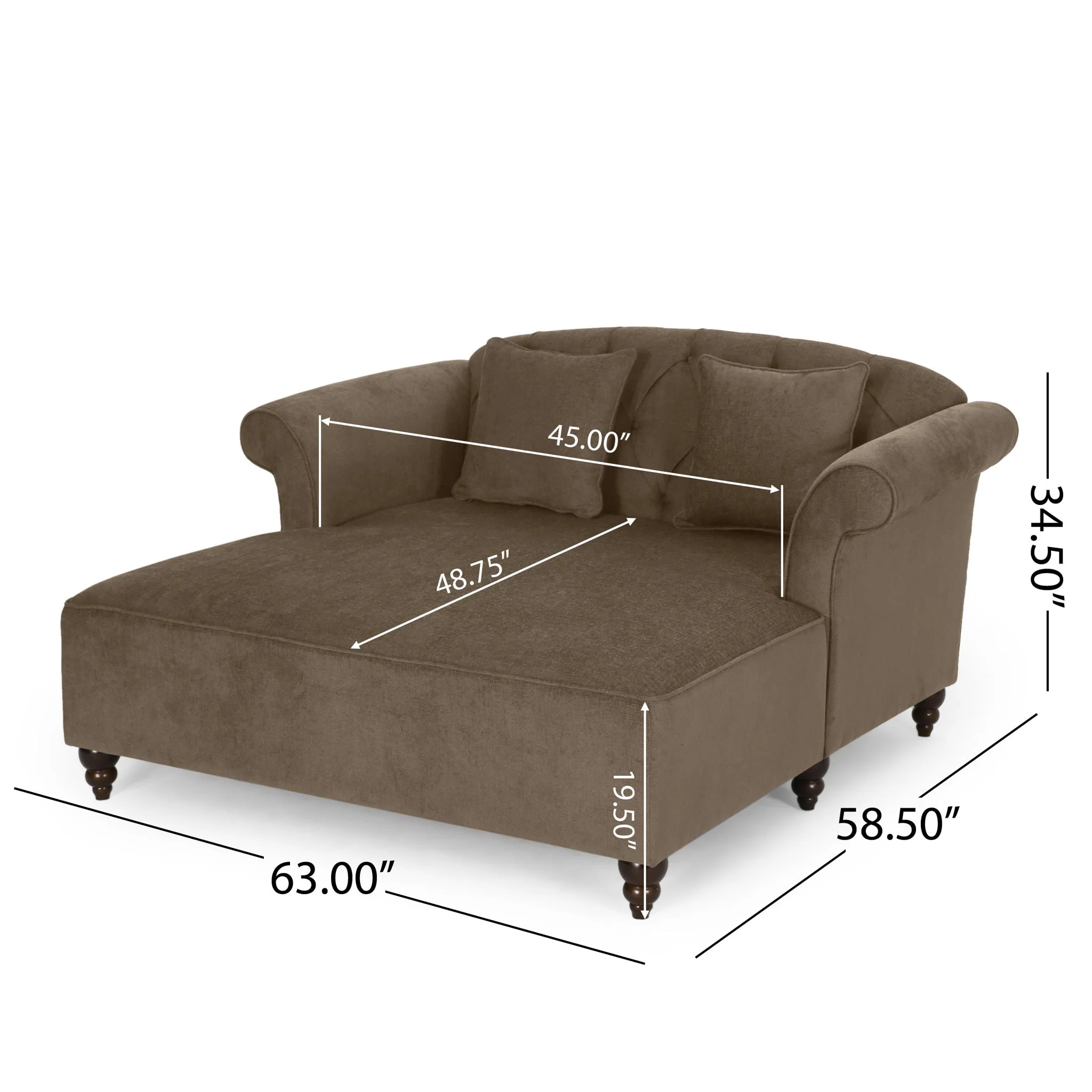 Upholstered Chaise Lounge With Scroll Arms, Turned Legs And 2 Pillows - Image 6